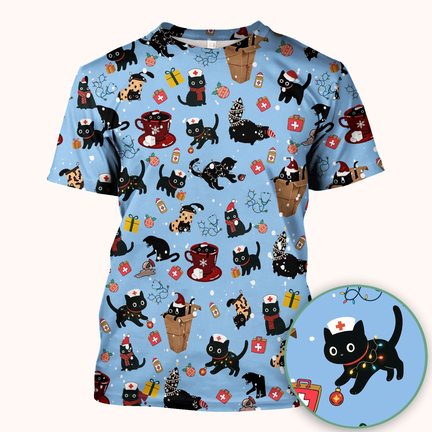 Christmas Cat Scrub Top for Nurse - Funny Black Cats Shirt - Cute Holiday Medical Uniform for Women