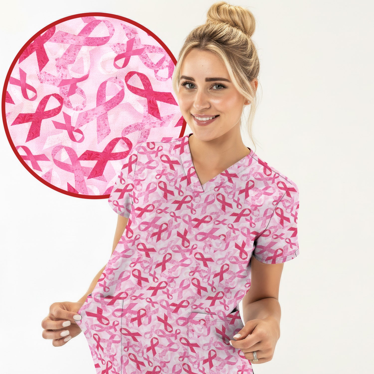 Breast Cancer Awareness Scrub Top - Pink Ribbon Nurse Shirt All Over Print - RN CNA LPN Gift