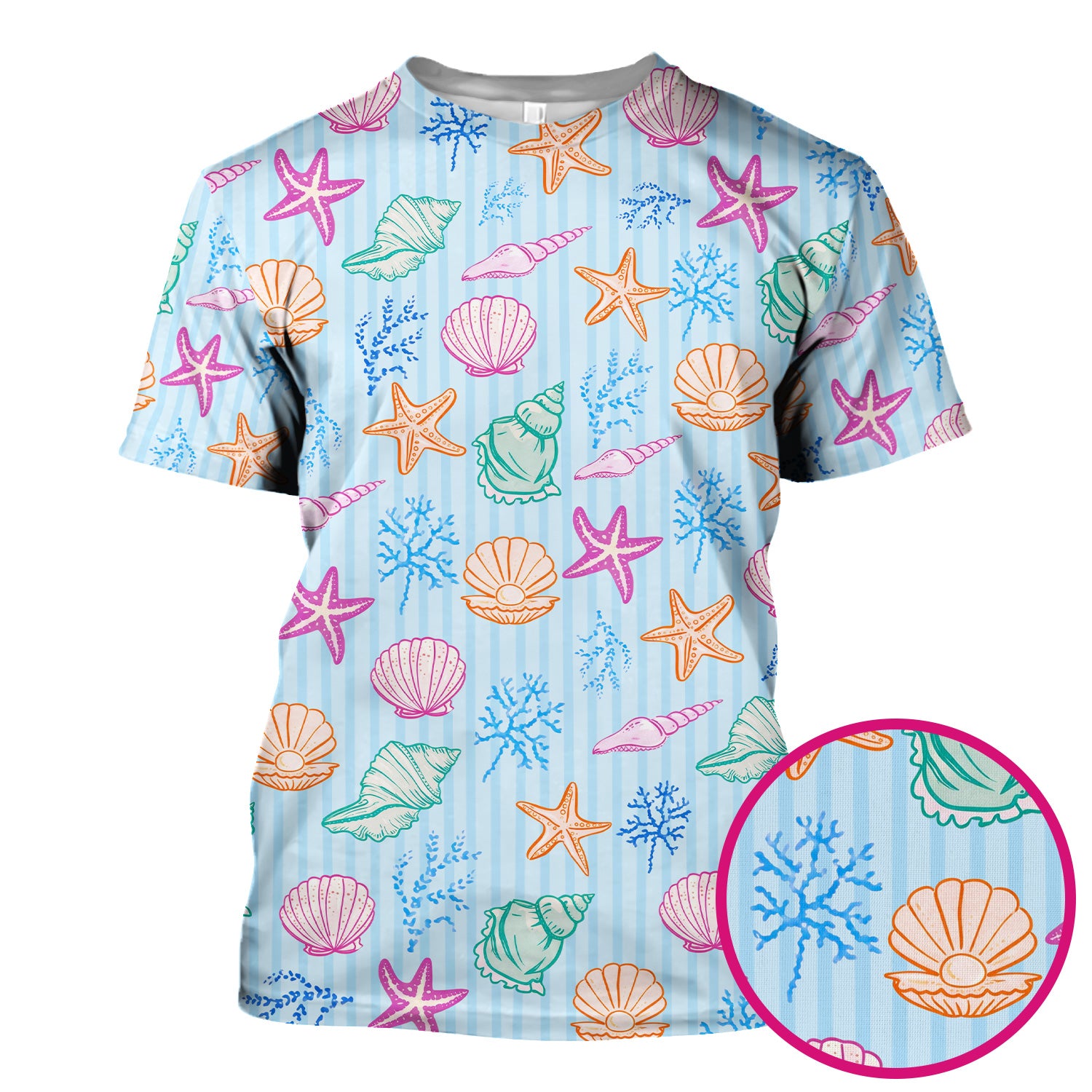 Colorful Seashell Starfish Ocean Stripe Pattern Scrub Top, Breathable Fabrics Nursing Uniform