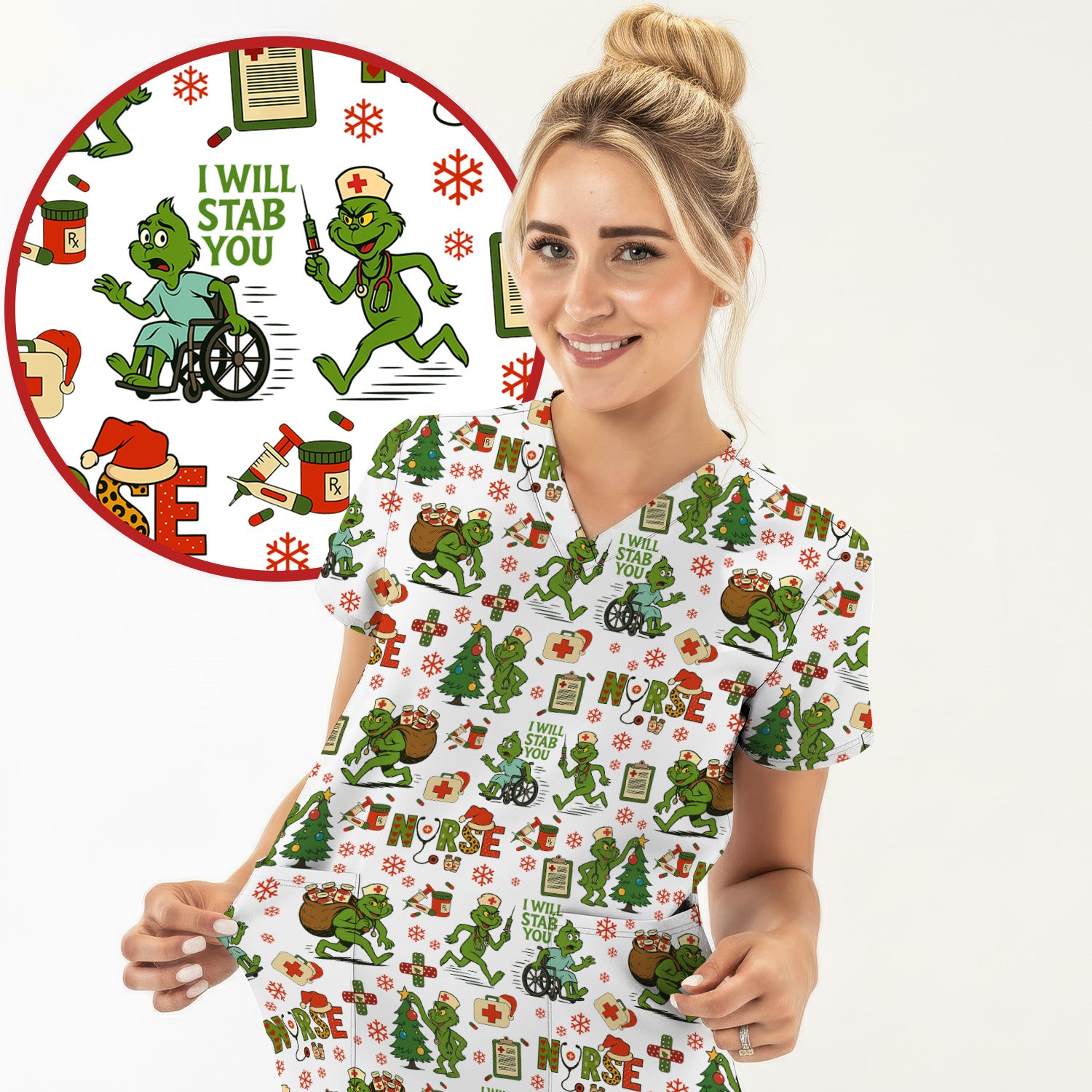 Christmas Nurse Scrub Shirt - Funny Grinch Scrub Top for Women Multi Color - Holiday Nursing Work Shirt with Pockets