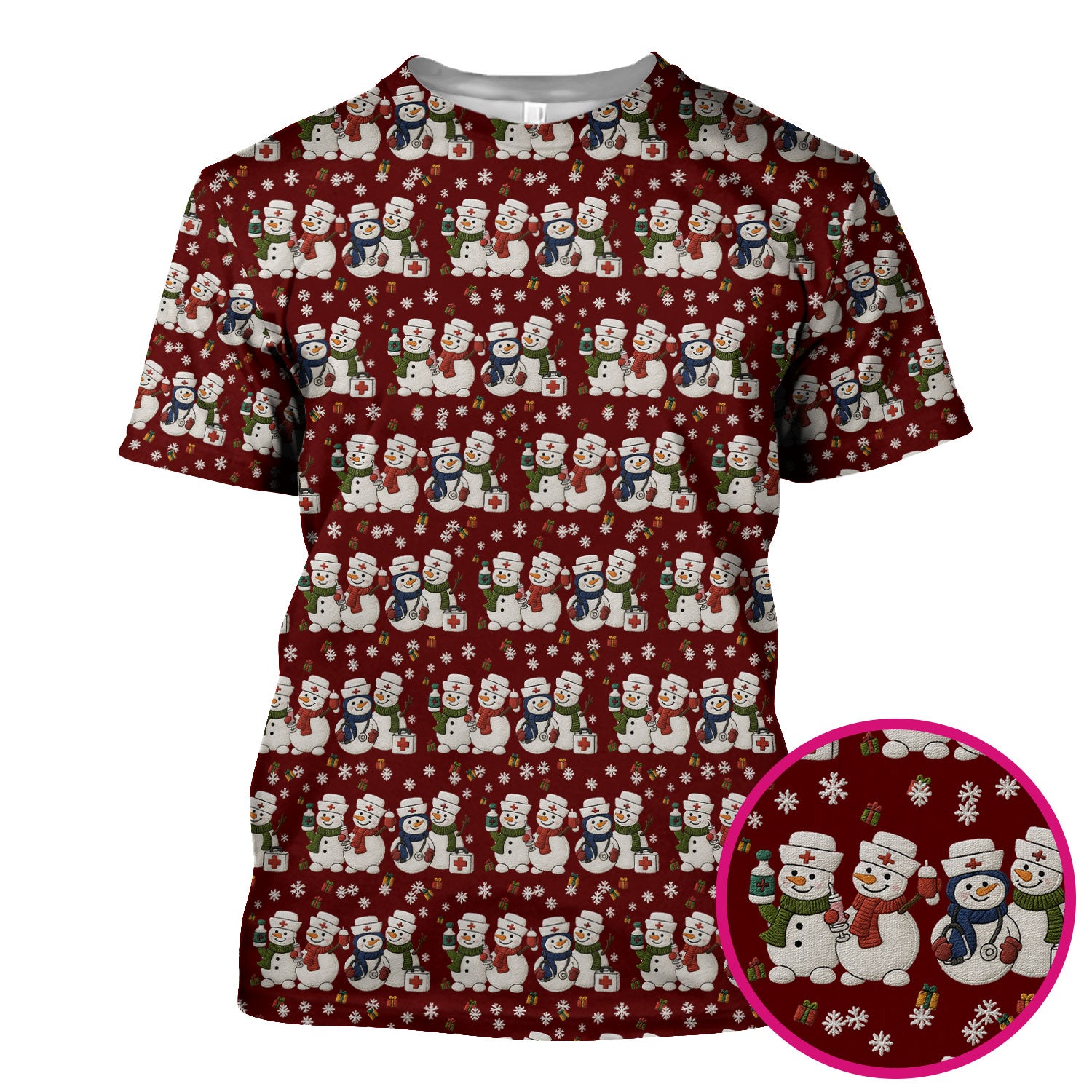 Cute Christmas Snowman Nurse Pattern Scrub Top, Breathable Fabrics Nursing Uniform