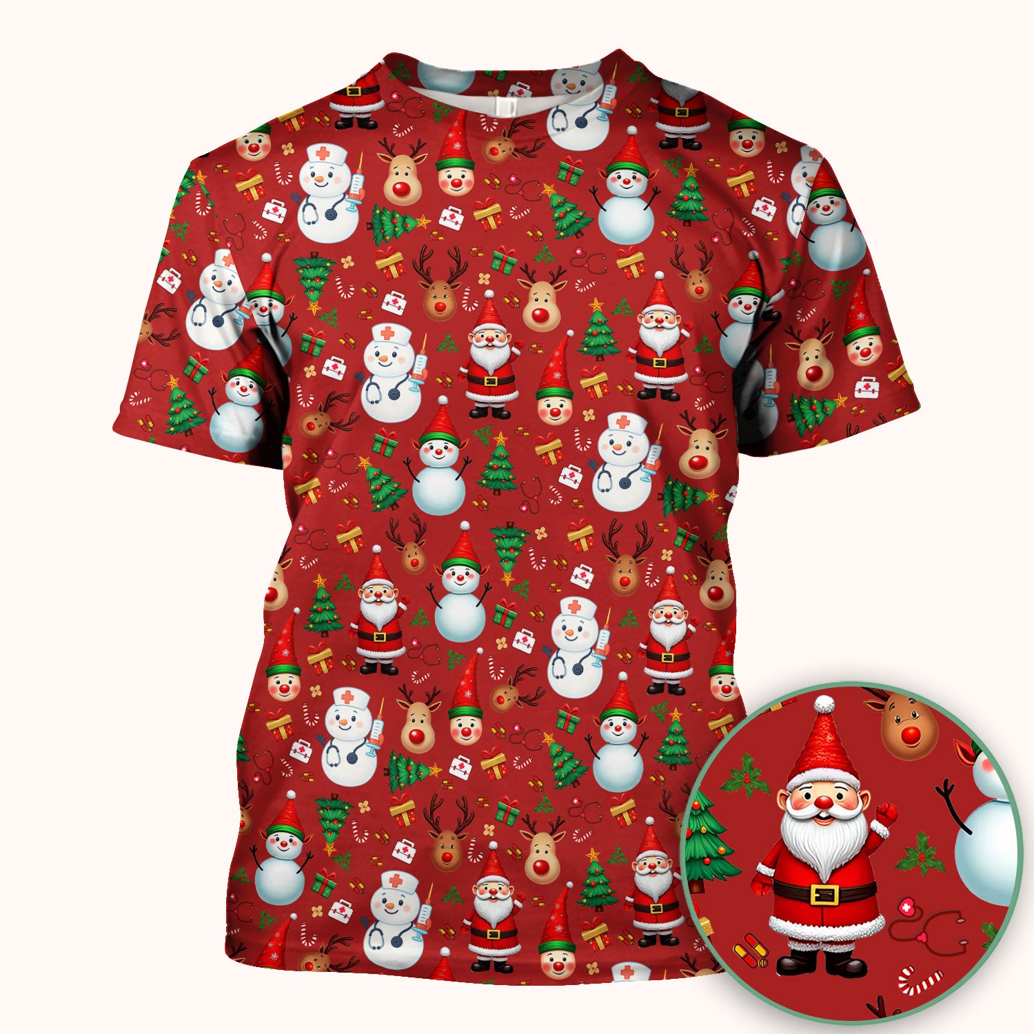 Christmas Scrub Top for Nurses - Cute Snowman Reindeer Santa Pattern - Holiday Medical Uniform RN CNA LPN Gift