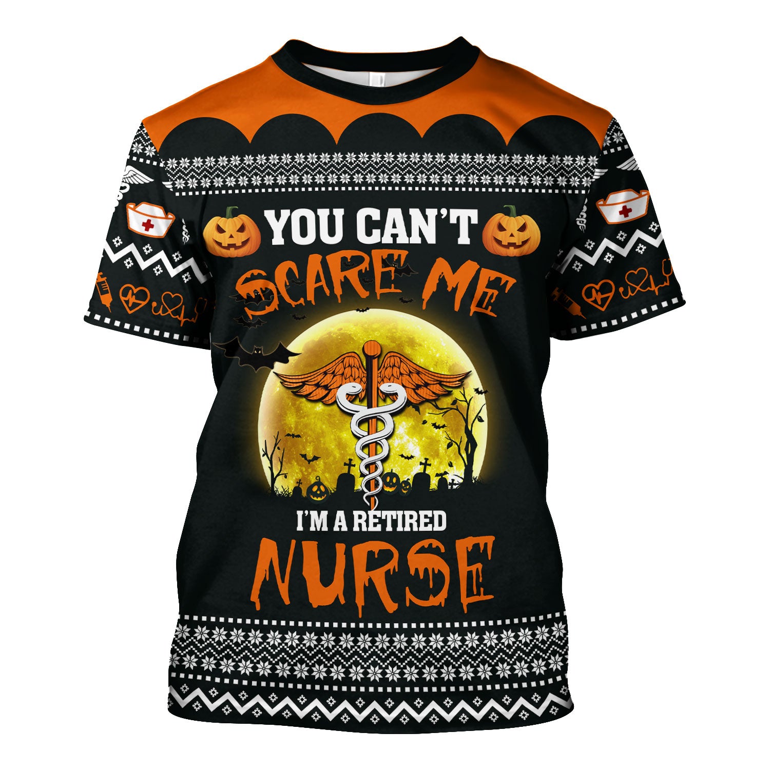 Funny Halloween Retired Nurse Scrub Top - You Can’t Scare Me Shirt - Spooky Pumpkin Medical Uniform Gift for RN LPN CNA