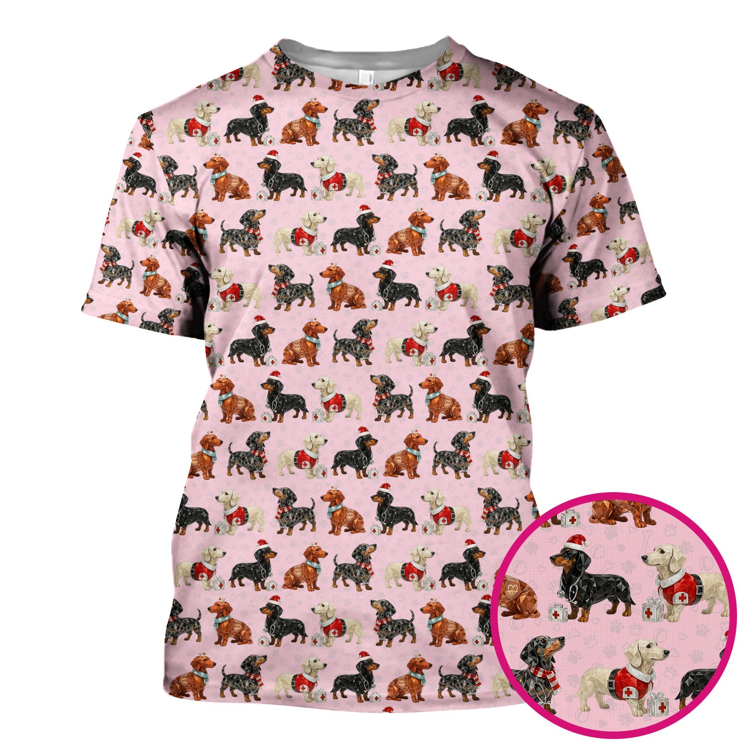Funny Dachshund Christmas Dog Nurse Scrub Top, Holiday Puppy Medical Uniform Shirt For Nursing