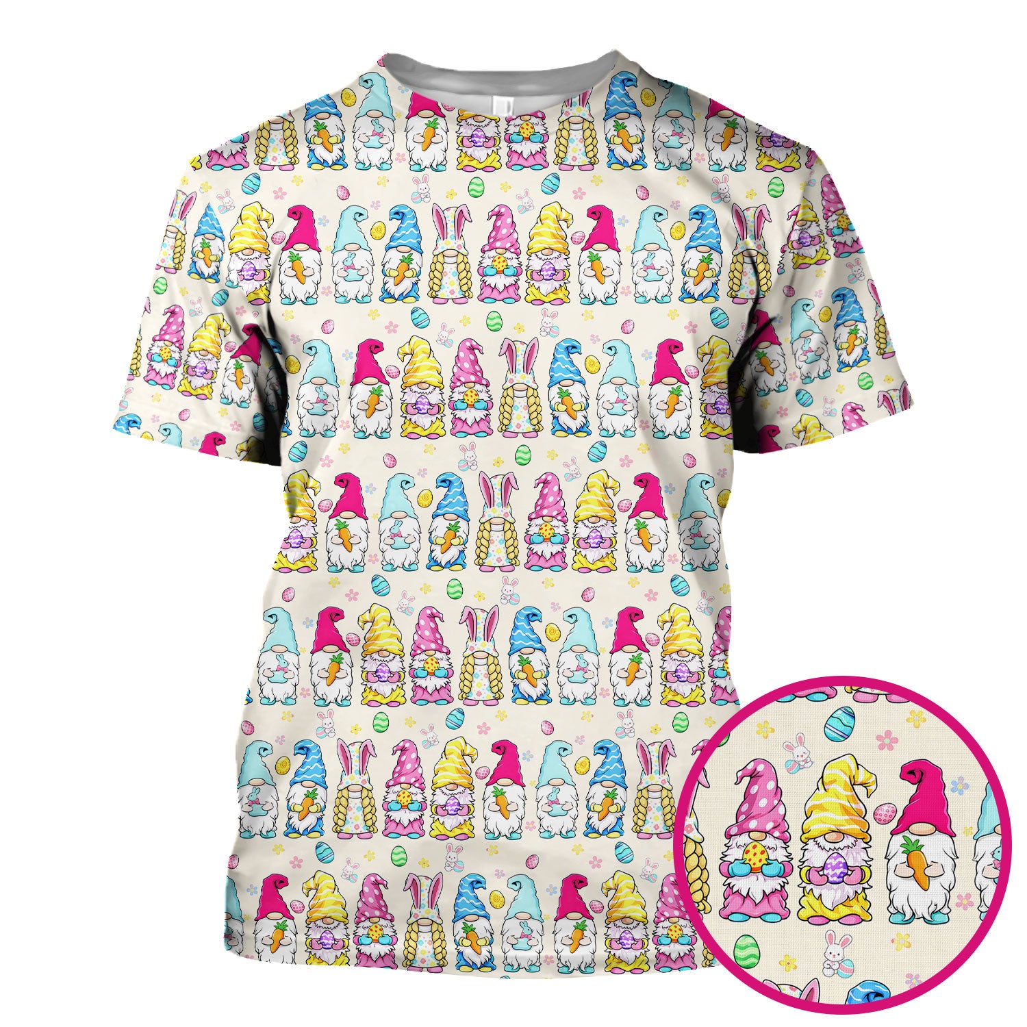 Colorful Easter Gnome Bunny Eggs Print Scrub Top, Comfortable Scrubs for Nurses