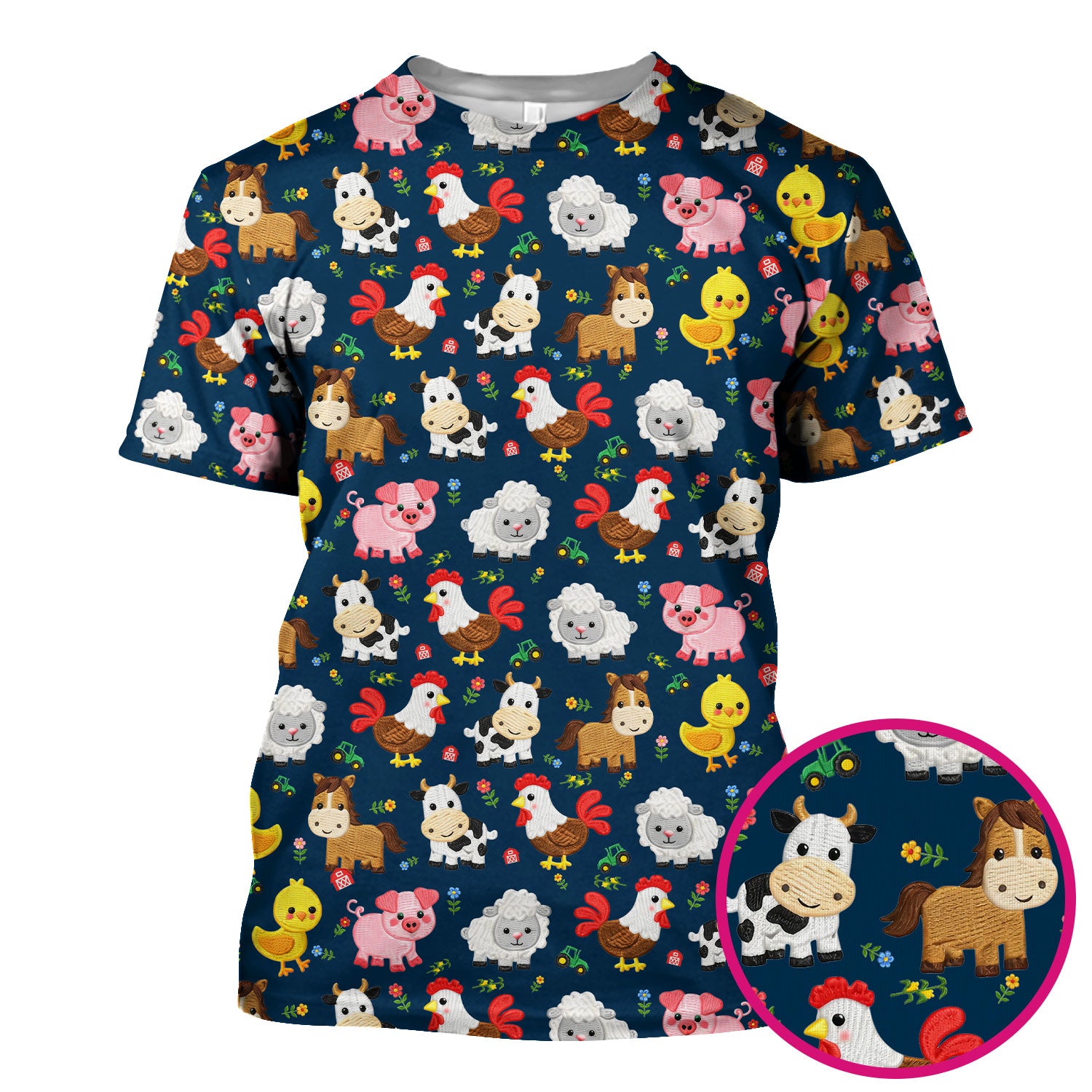 Cartoon Farm Animal Pattern Scrub Top, Breathable Fabrics Nursing Uniform