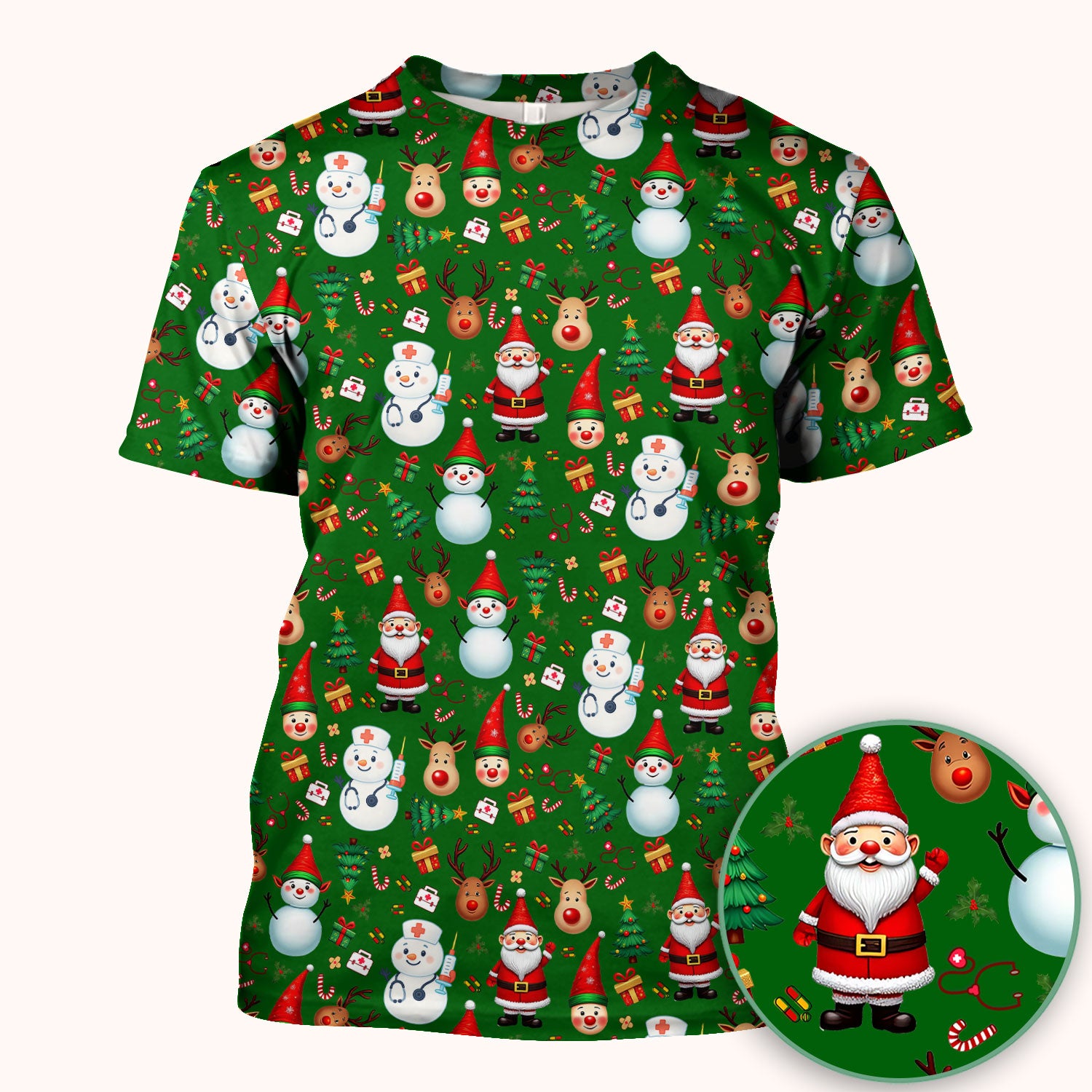 Christmas Scrub Top for Nurses - Cute Snowman Reindeer Santa Pattern - Holiday Medical Uniform RN CNA LPN Gift