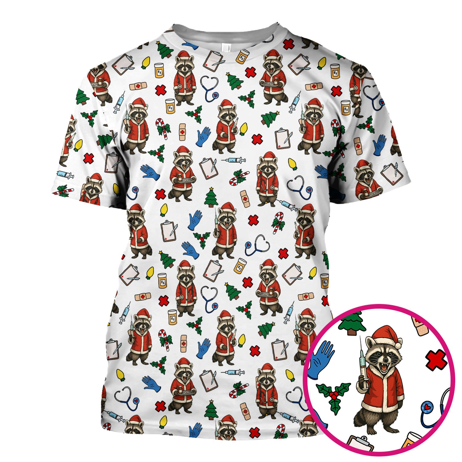 Christmas Raccoon Nurse Scrub Top - Funny Holiday Santa Pattern Shirt - Cute Medical Gift for RN LPN CNA Women