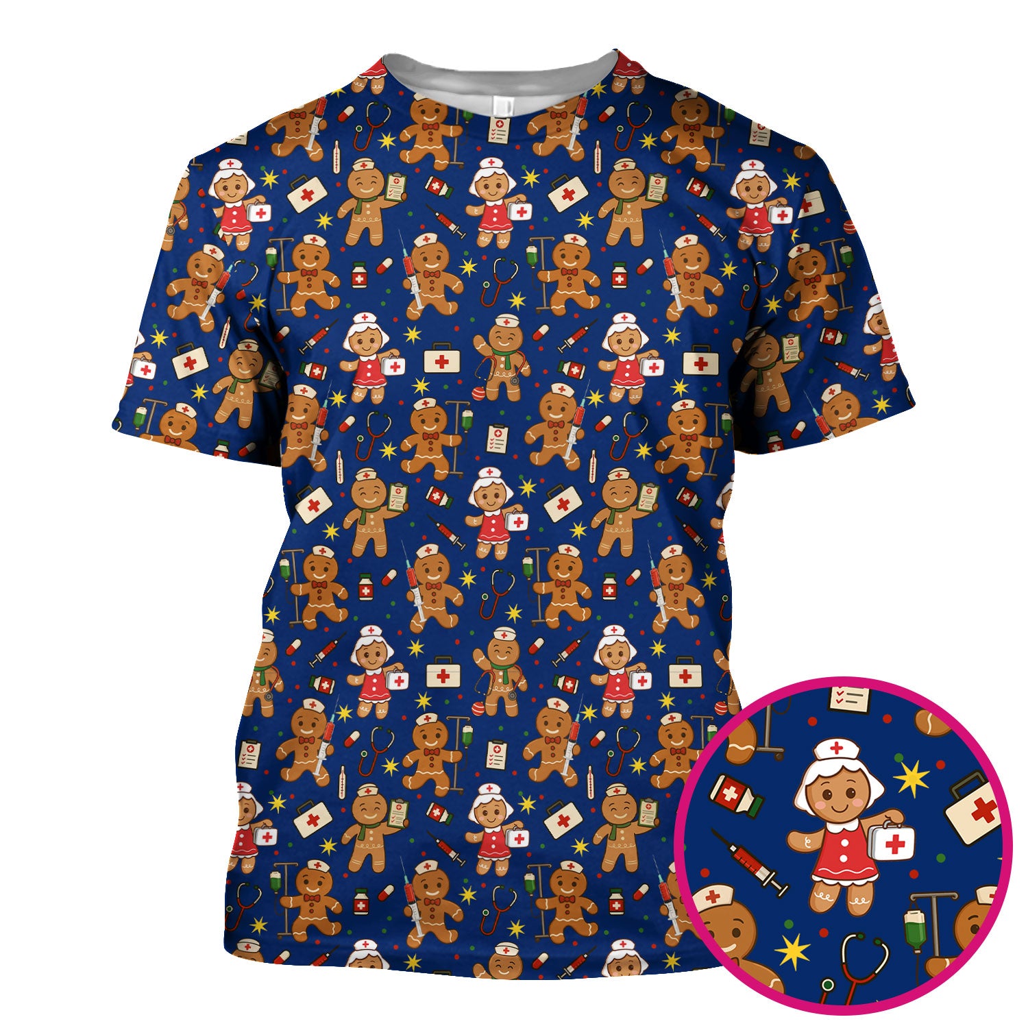 Gingerbread Christmas Nurse Scrub Top - Cute Holiday Cookie Pattern Shirt for Women - Funny Festive Nursing Gift for RN LPN CNA