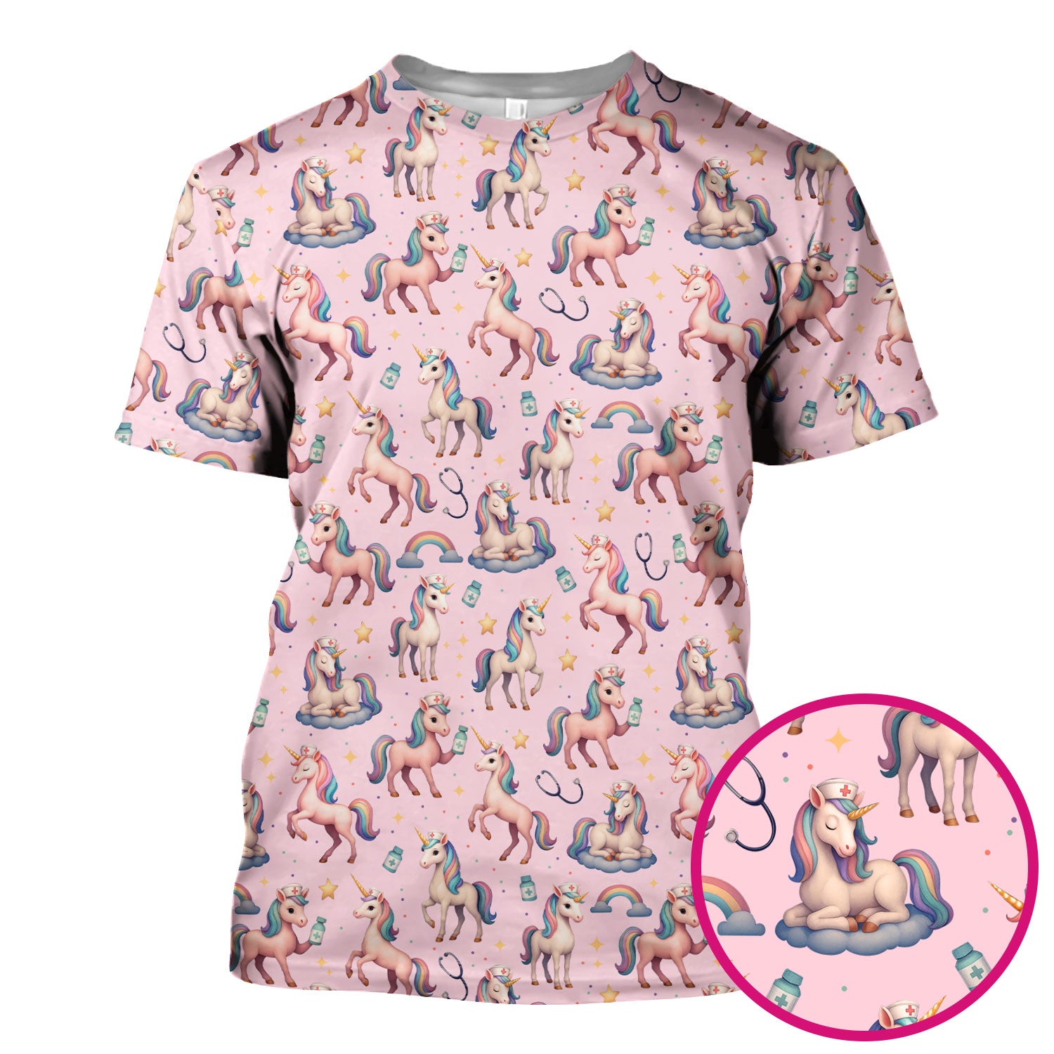 Cute Unicorn Nurse Scrub Top for Women - Rainbow Pastel Pattern Medical Shirt - Fun Fantasy Gift for RN LPN CNA Pediatric Nurses
