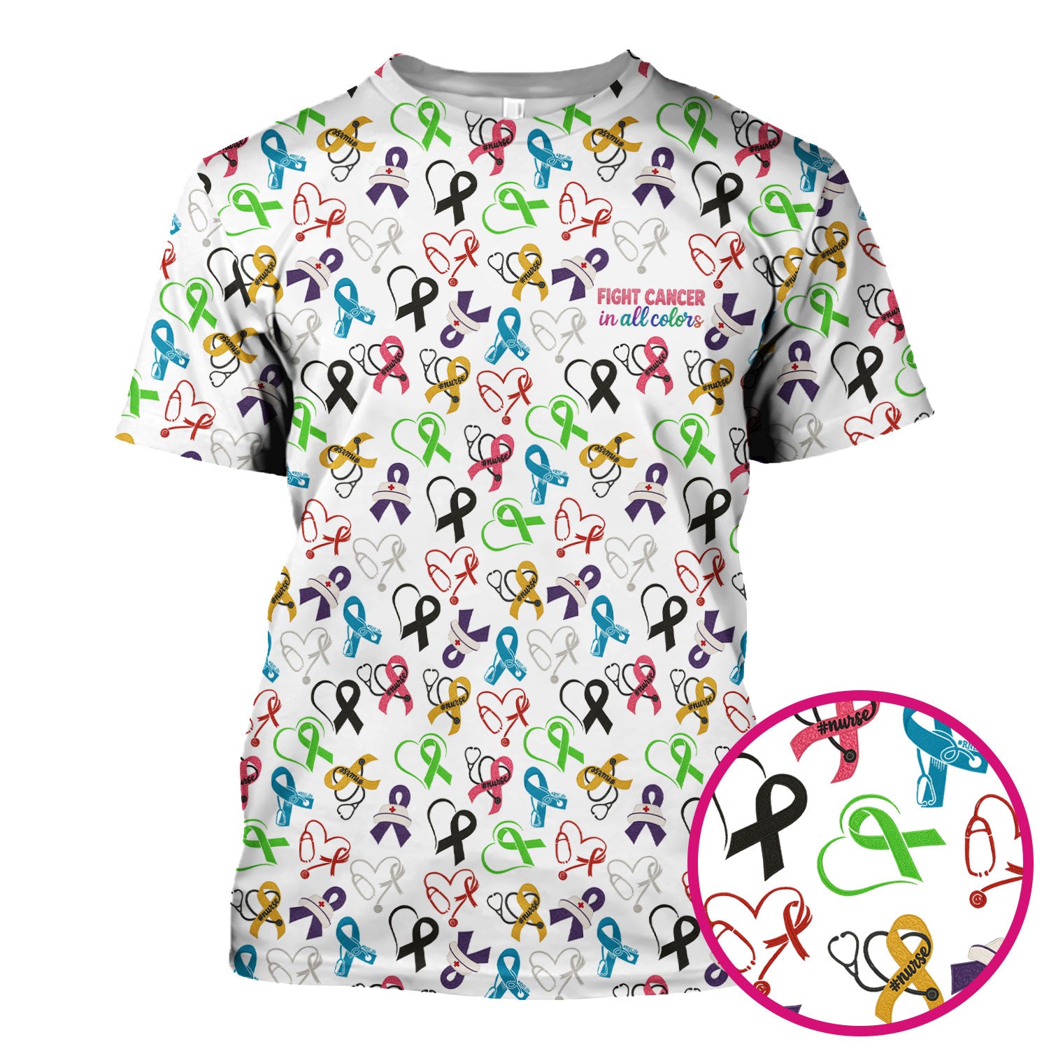 Cancer Awareness Scrub Top - Fight Cancer In All Colors Nurse Shirt - Colorful Ribbon Medical Scrubs Gift with Pockets for Women CNA RN Doctor