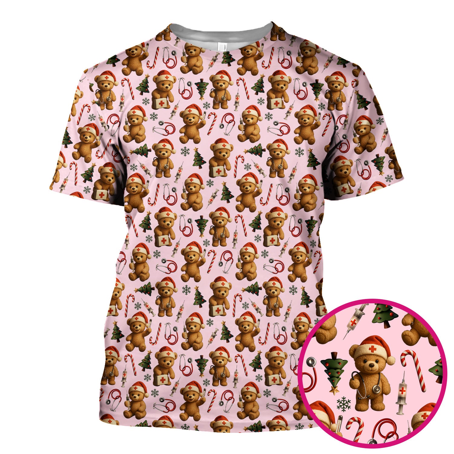 Christmas Bear Scrub Top for Nurses - Cute Teddy Bear Pattern with Candy Cane and Tree - Funny Holiday Nurse Scrubs Gift for Women RN CNA LPN