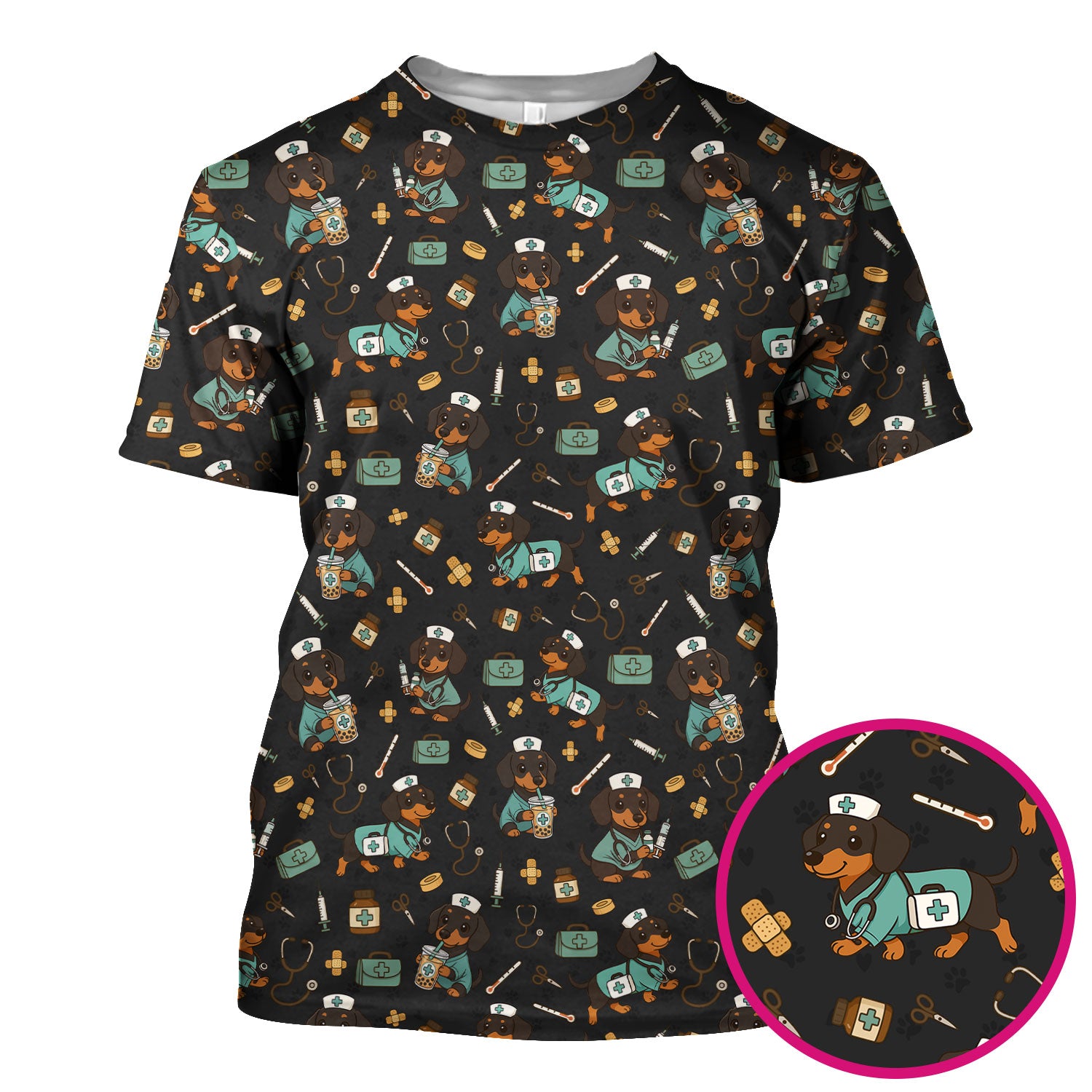 Funny Dachshund Nurse Scrubs - Cute Dog Print Medical Shirt - Holiday Nurse Scrub Top Gift for RN CNA Doctor, Women & Men