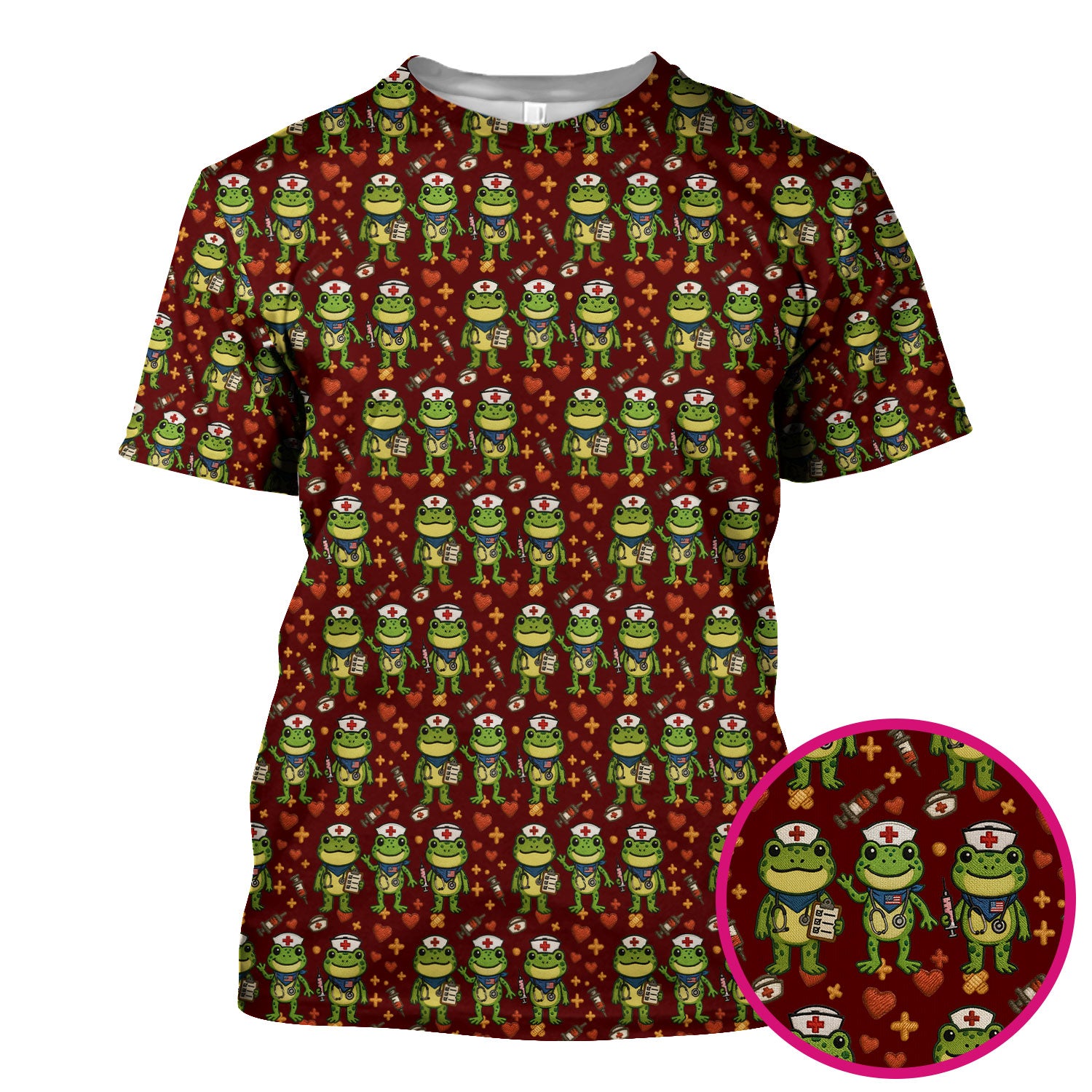 Frog Pattern Scrub Top, Cute Frog Scrub Shirt, Breathable Fabrics Nursing Uniform