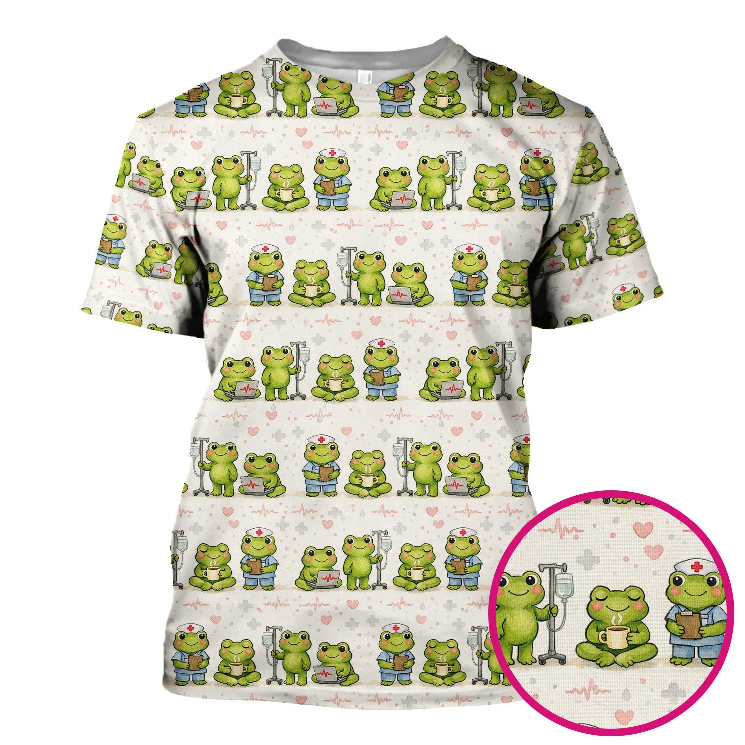 Adorable Frog Nurse Various Poses Print Scrub Top, Comfortable Scrubs for Nurses