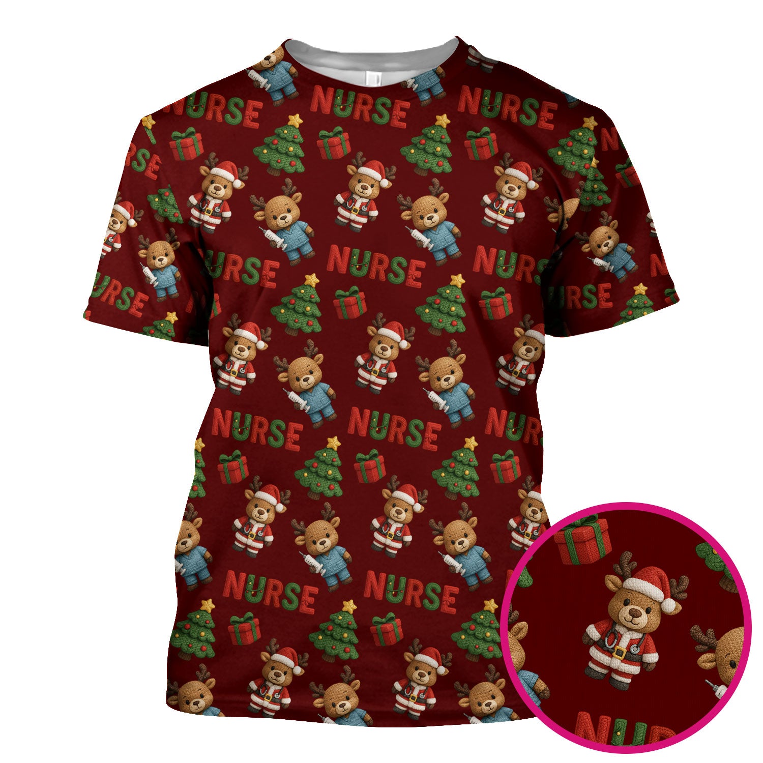 Reindeer Christmas Scrub Top, Cute Holiday Nurse Scrub Shirt, Festive Pattern Nursing Uniform
