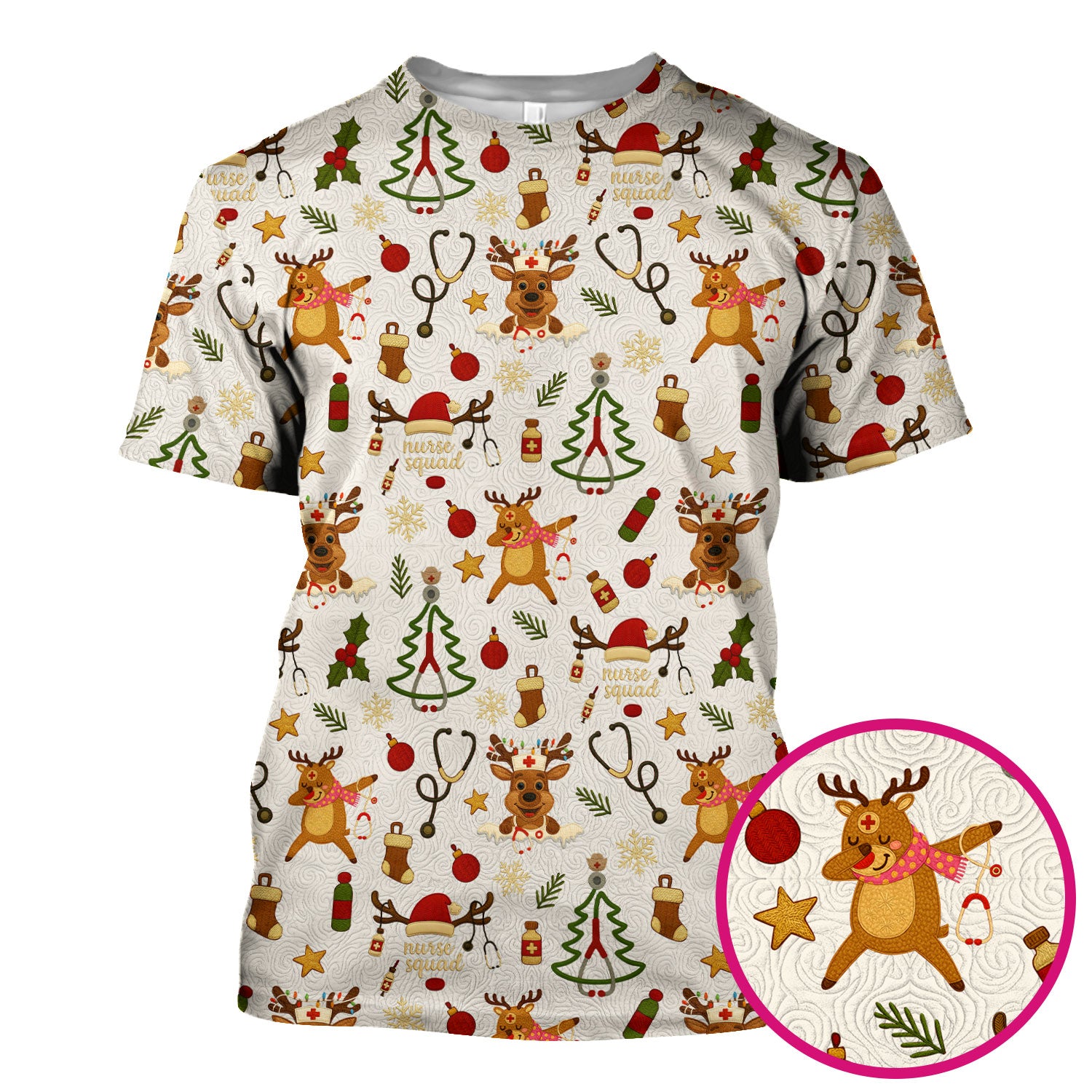 Christmas Reindeer Scrub Top - Cute Holiday Nurse Scrubs with Reindeer Print - Funny Xmas Medical Scrub Shirt Gift for Women CNA RN Doctor