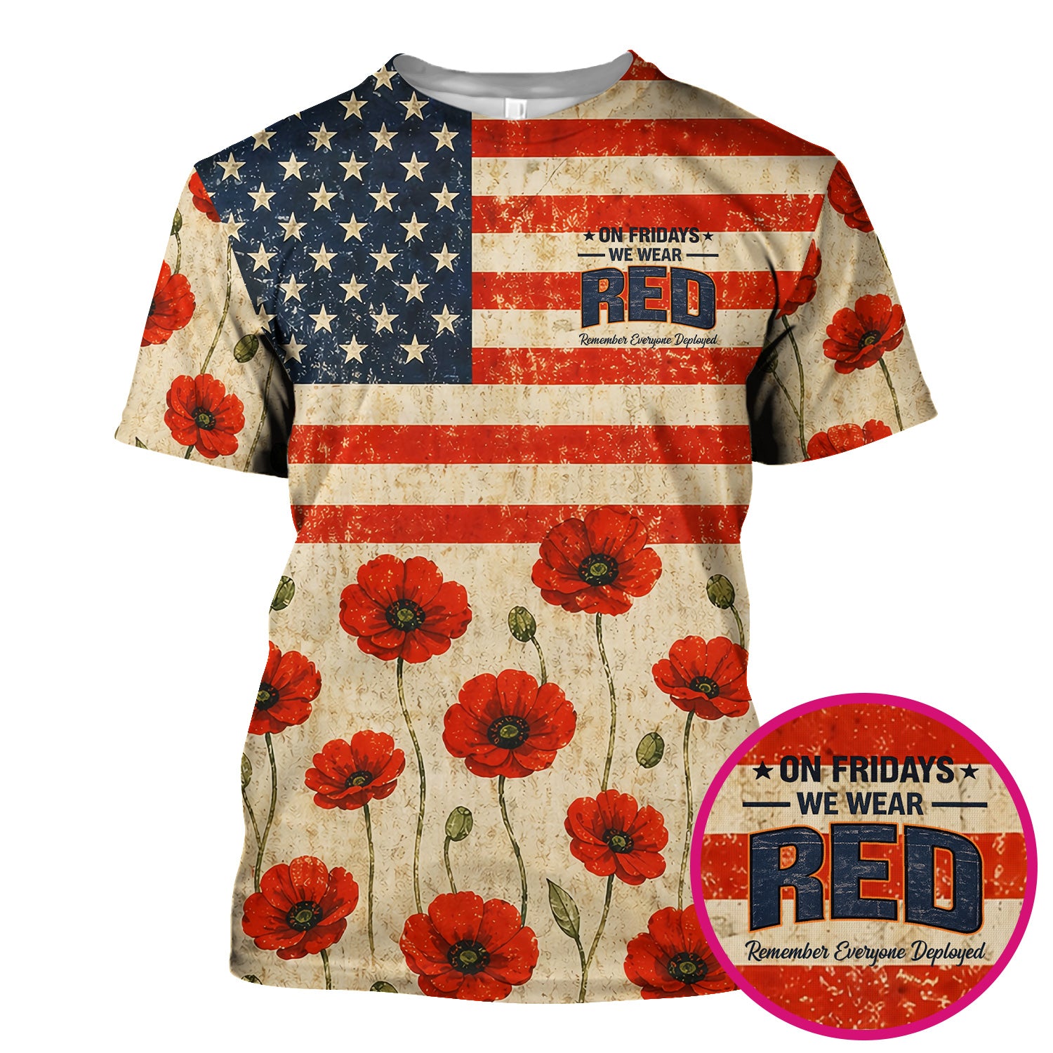 Patriotic American Flag Poppy Flower Pattern Scrub Top, Comfortable Scrubs for Nurses