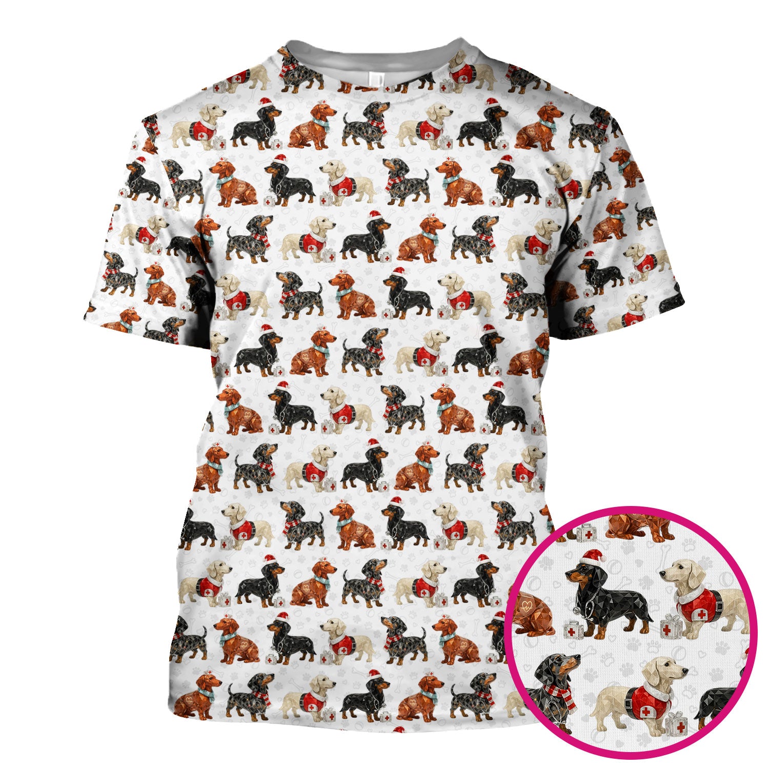 Funny Dachshund Christmas Dog Nurse Scrub Top, Holiday Puppy Medical Uniform Shirt For Nursing