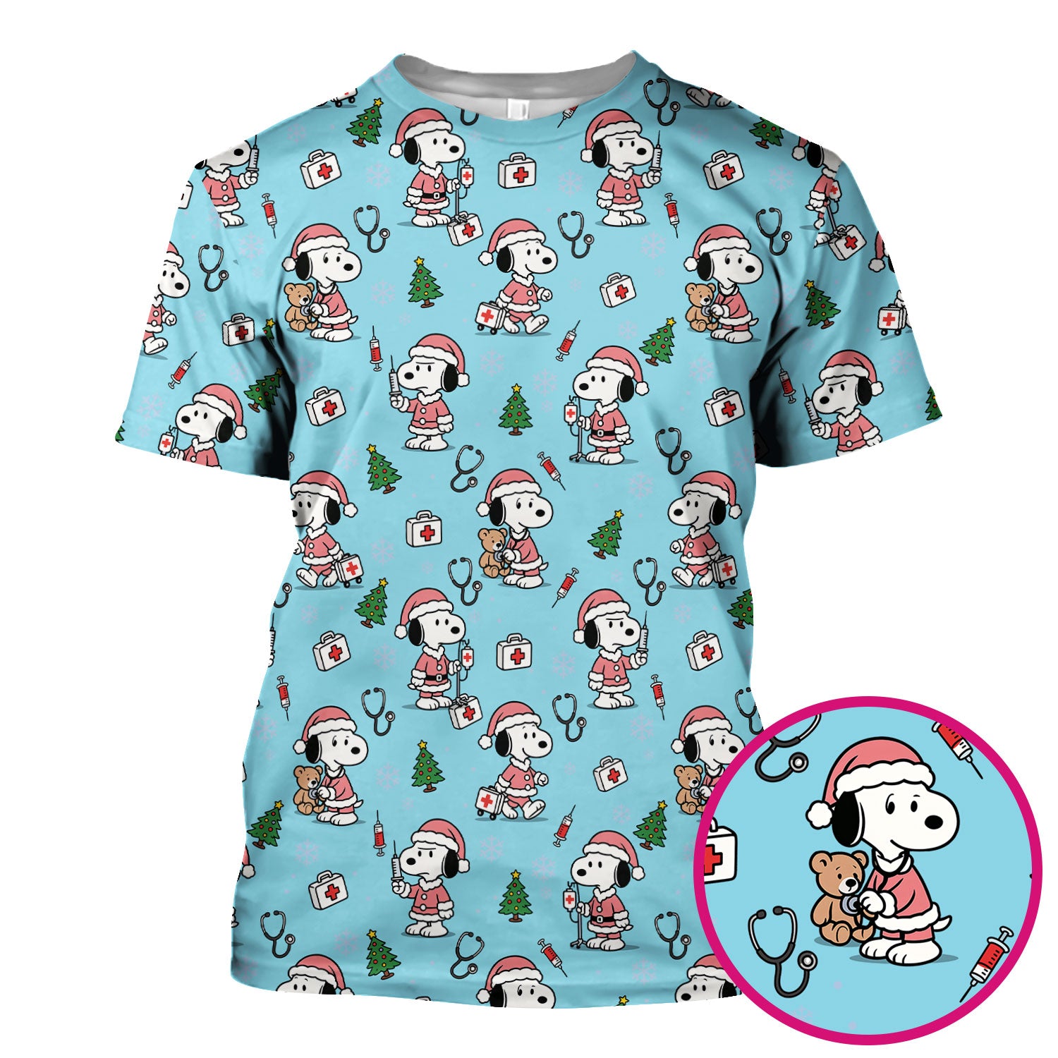 Snoopy Christmas Nurse Scrubs Top - Cute Pink Holiday Nursing Shirt - Funny Xmas Scrub Top for Women Nurses & Medical Workers