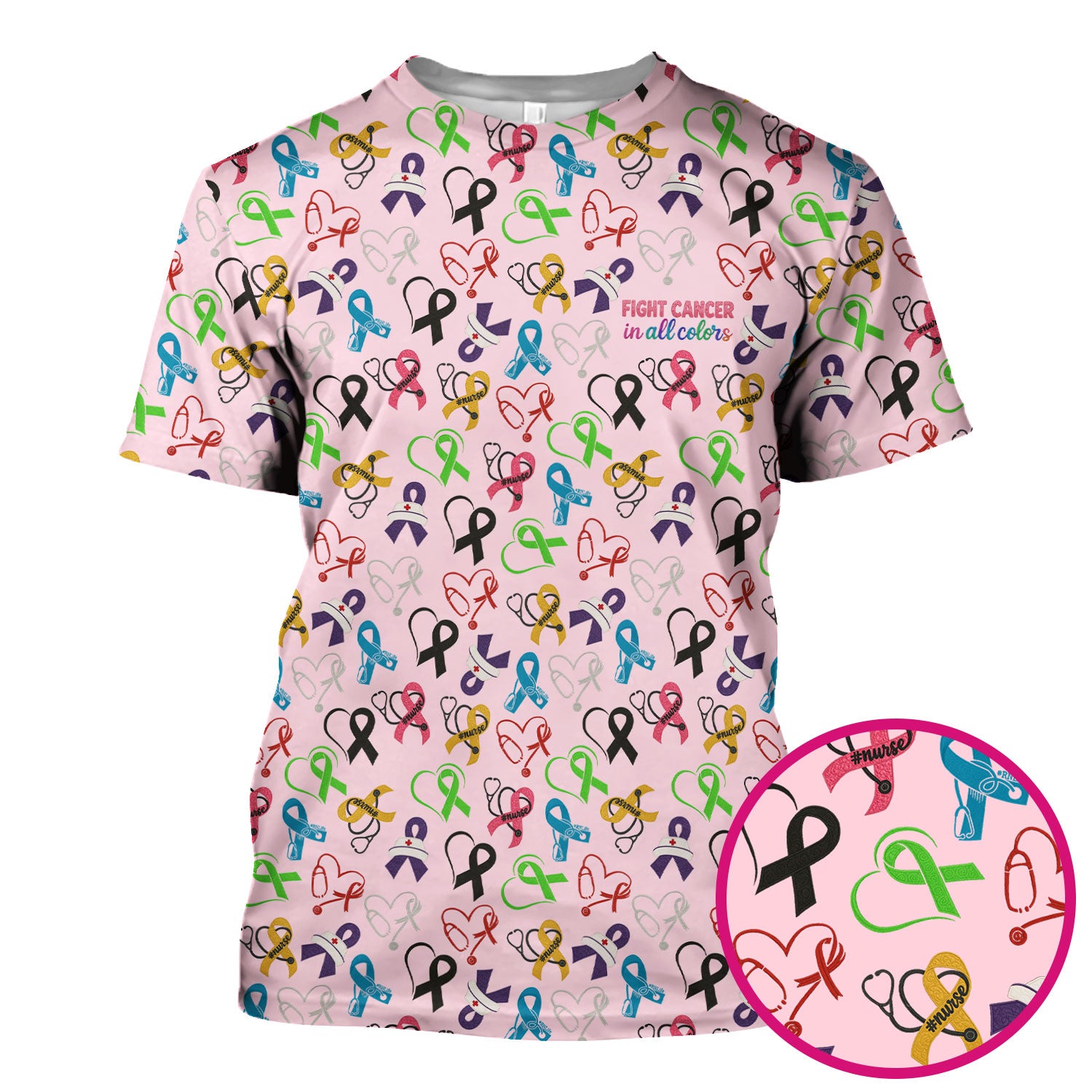 Fight Cancer Scrub Top - Colorful Awareness Ribbon Nurse Shirt - Support Cancer Awareness Medical Scrubs with Pockets for Women CNA RN Doctor
