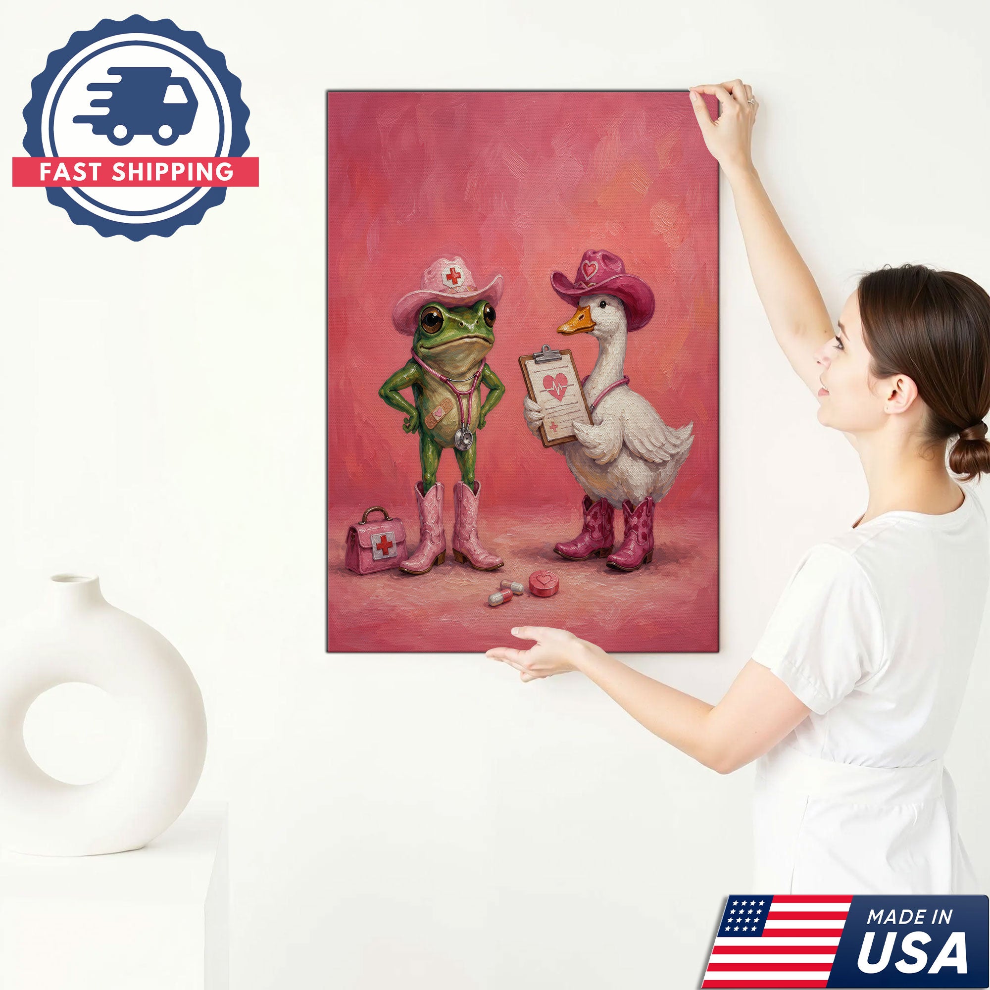 Cute Nurse Frog Duck Cowgirl Canvas Wall Art, Clinic Decor