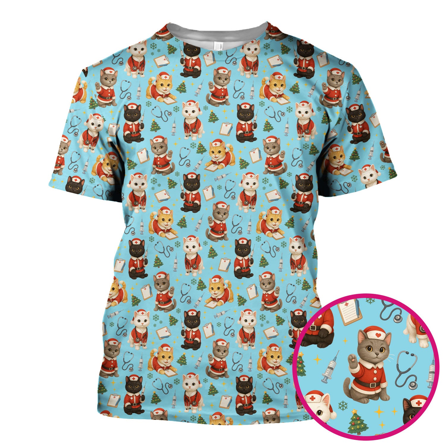 Christmas Nurse Scrub Top for Women - Cute Lucky Cat Pattern - Funny Holiday Nursing Shirt Gift for RN LPN CNA
