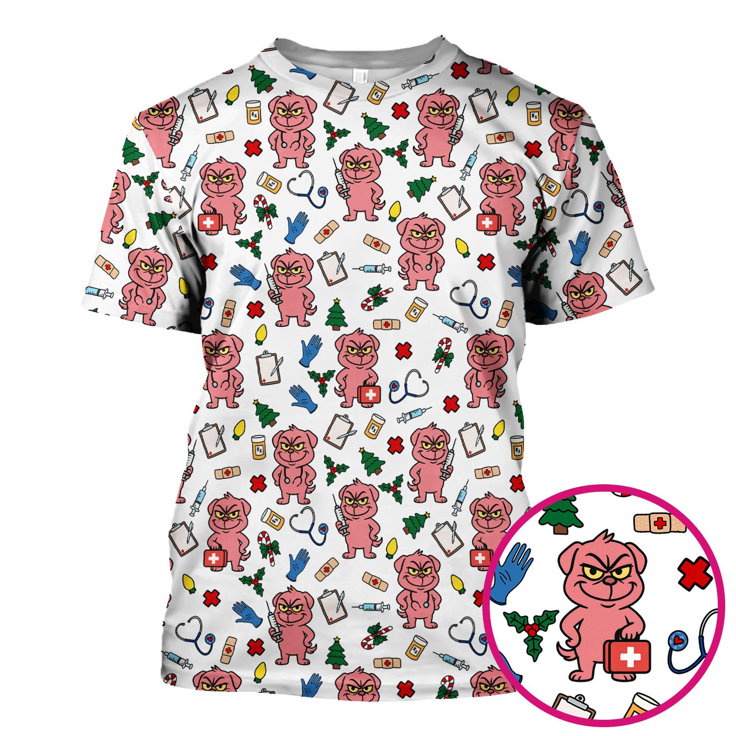 Funny Pink Dog Christmas Scrub Top - Holiday Nurse Scrubs for Women - Cute Medical Pattern with Tree, Lights and Stethoscope Print