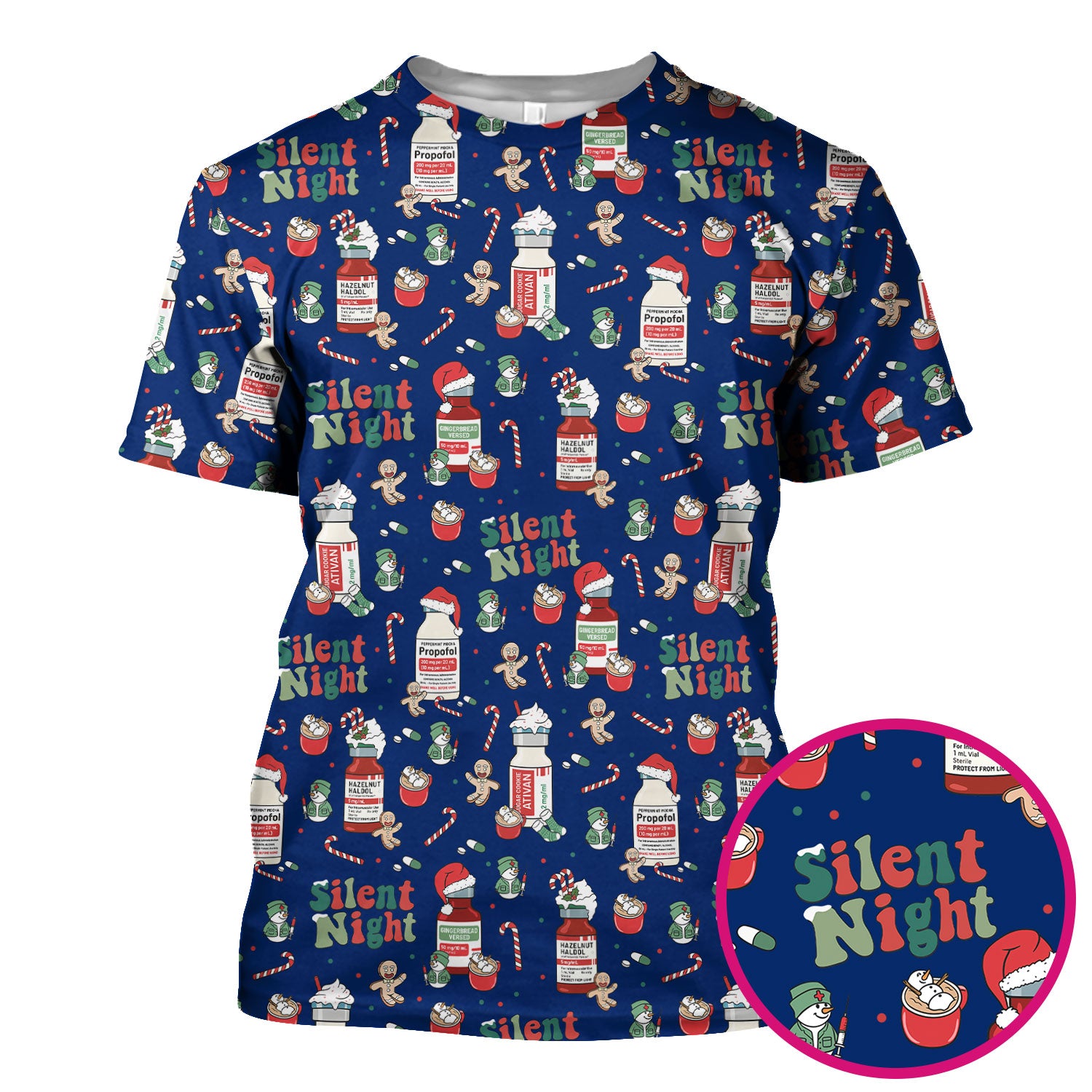 Funny Medicine Scrub Top for Nurses - Silent Night Propofol Print Christmas Scrub Tops with Candy Cane & Gingerbread - Holiday Medical Shirt Gift for RN CNA LPN