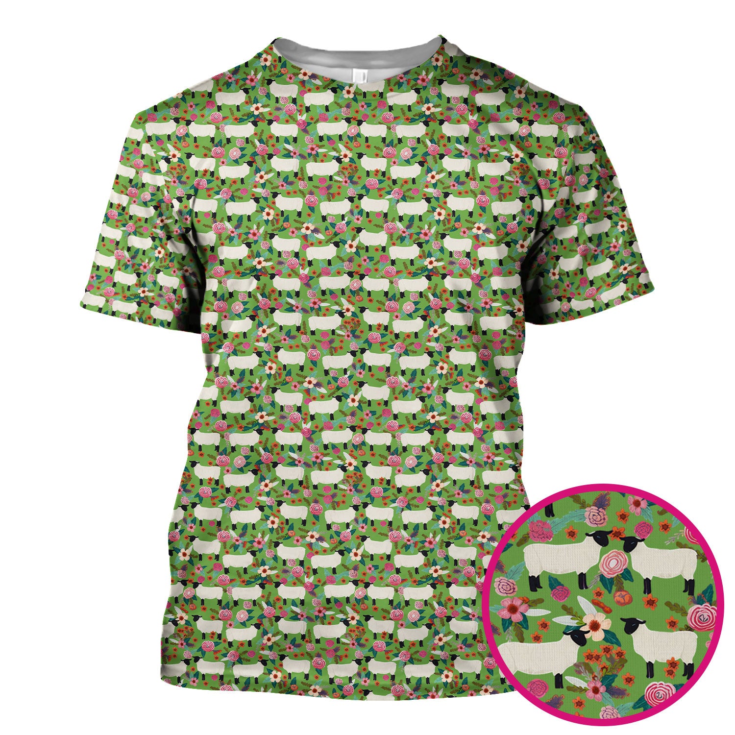 Cute Sheep Floral Meadow Pattern Scrub Top, Comfortable Scrubs For Nurses