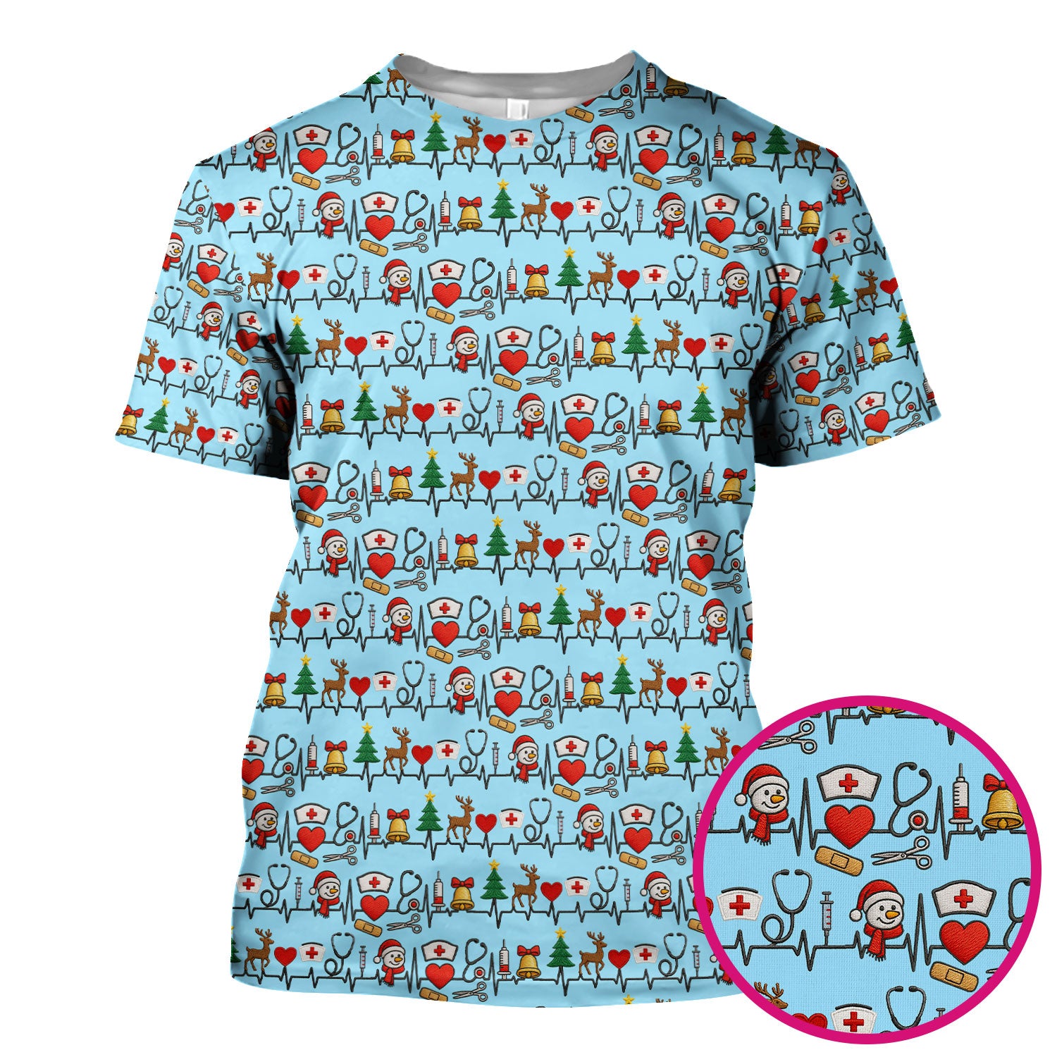 Cute Snowman Nurse Scrub Top, Christmas Holiday Medical Uniform For Nursing, Festive Heartbeat Print Nurse Shirt