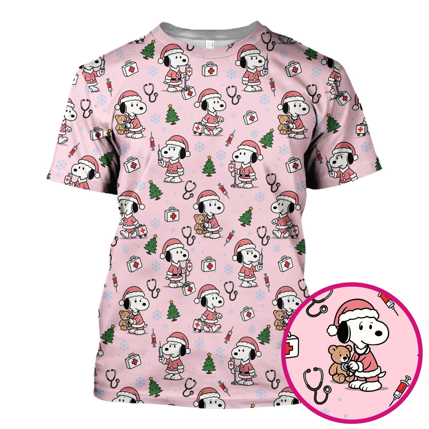 Snoopy Christmas Nurse Scrubs Top - Cute Pink Holiday Nursing Shirt - Funny Xmas Scrub Top for Women Nurses & Medical Workers