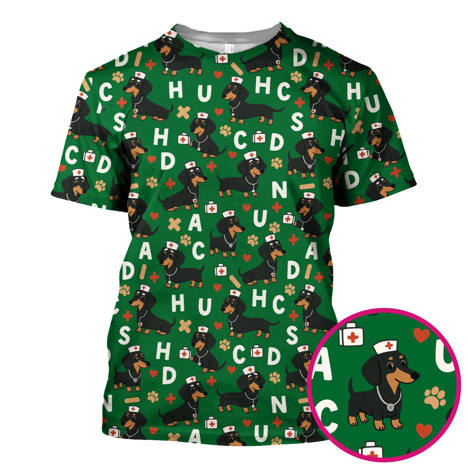 Sausage Dog Print Scrub Top - Cute Dachshund Nurse Shirt for Women - Animal Pattern Medical Scrubs Gift for Healthcare Workers