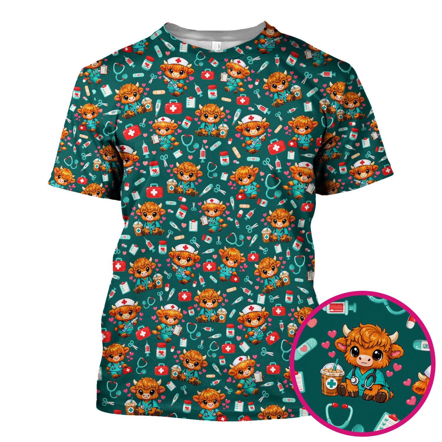 Cute Highland Cow Nurse Scrub Top, Kawaii Medical Pattern Shirt, Breathable Fabrics Nursing Uniform