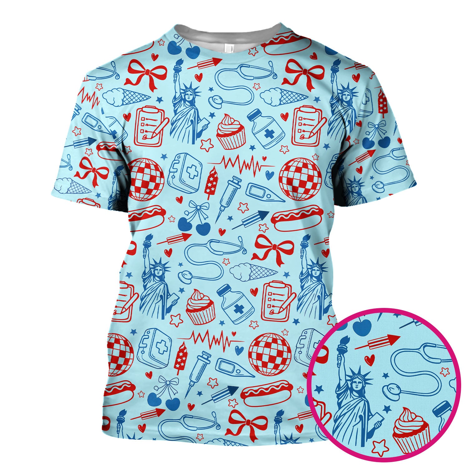Patriotic Nurse Medical Icons Pattern Scrub Top, Breathable Fabrics Nursing Uniform