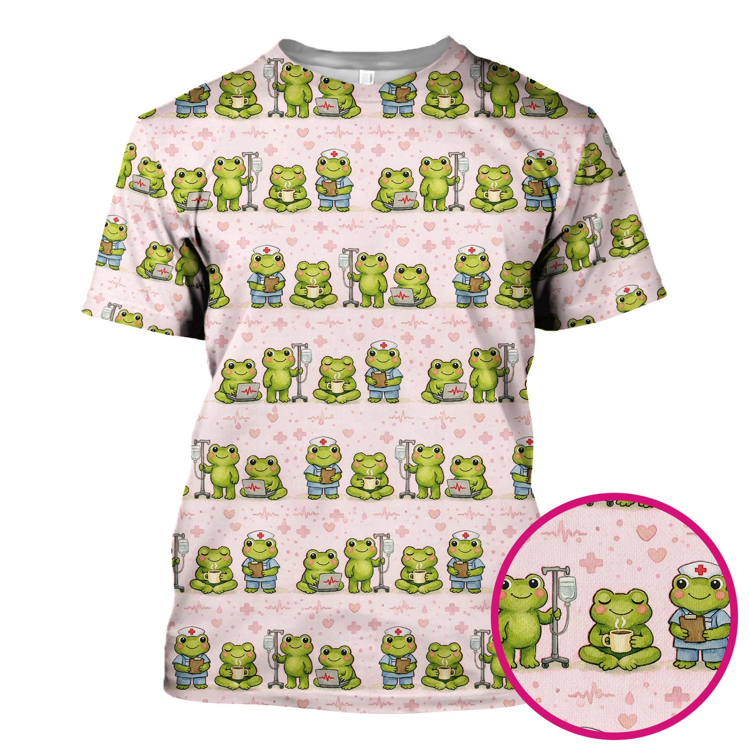 Adorable Frog Nurse Various Poses Print Scrub Top, Comfortable Scrubs for Nurses