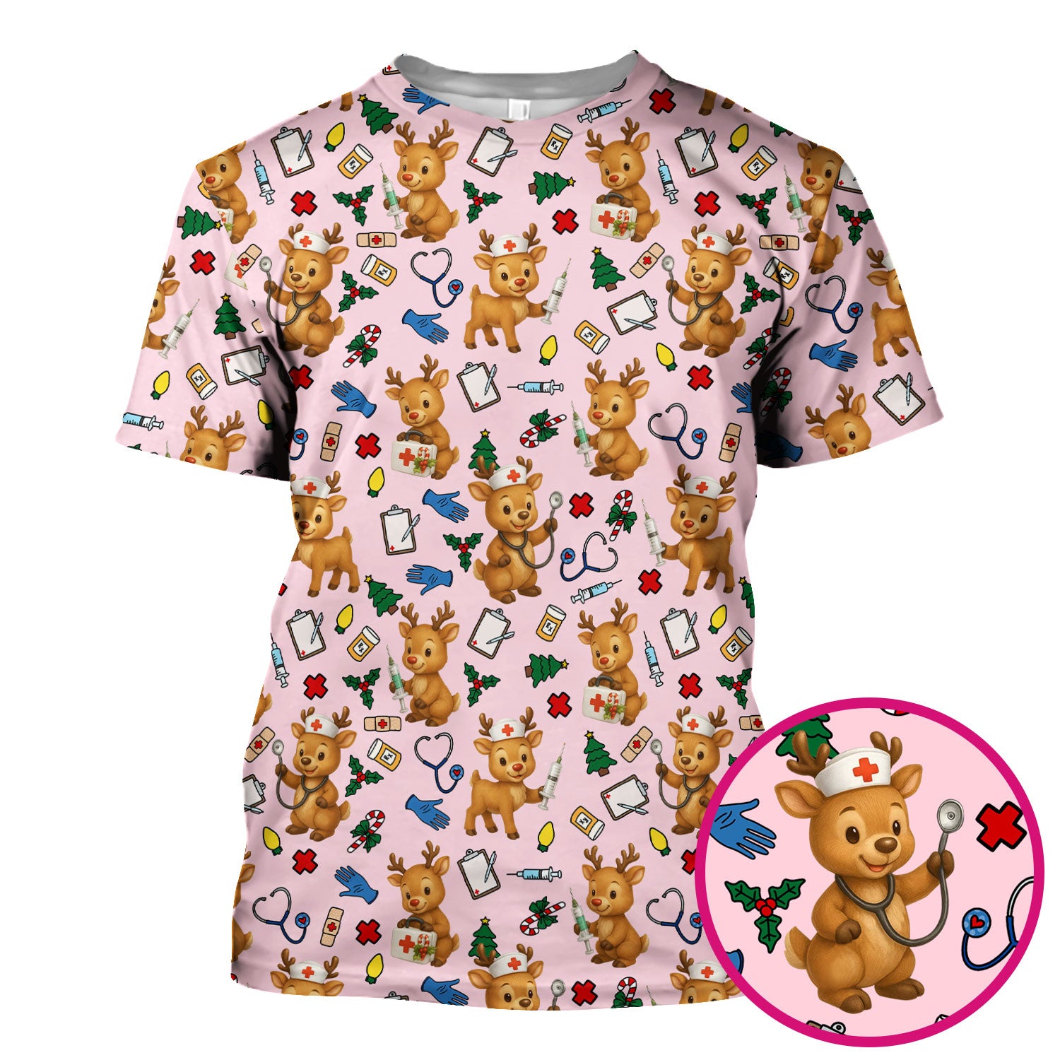 Cute Reindeer Pattern Christmas Scrub Top - Funny Holiday Nurse Scrubs for Women - Medical Christmas Print with Deer and Stethoscope Design