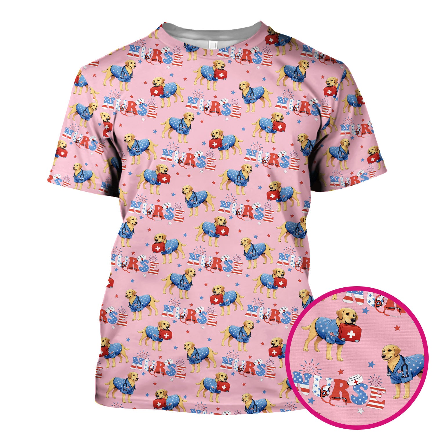 Patriotic Nurse Dog Medical Pattern Scrub Top, Breathable Fabrics Nursing Uniform