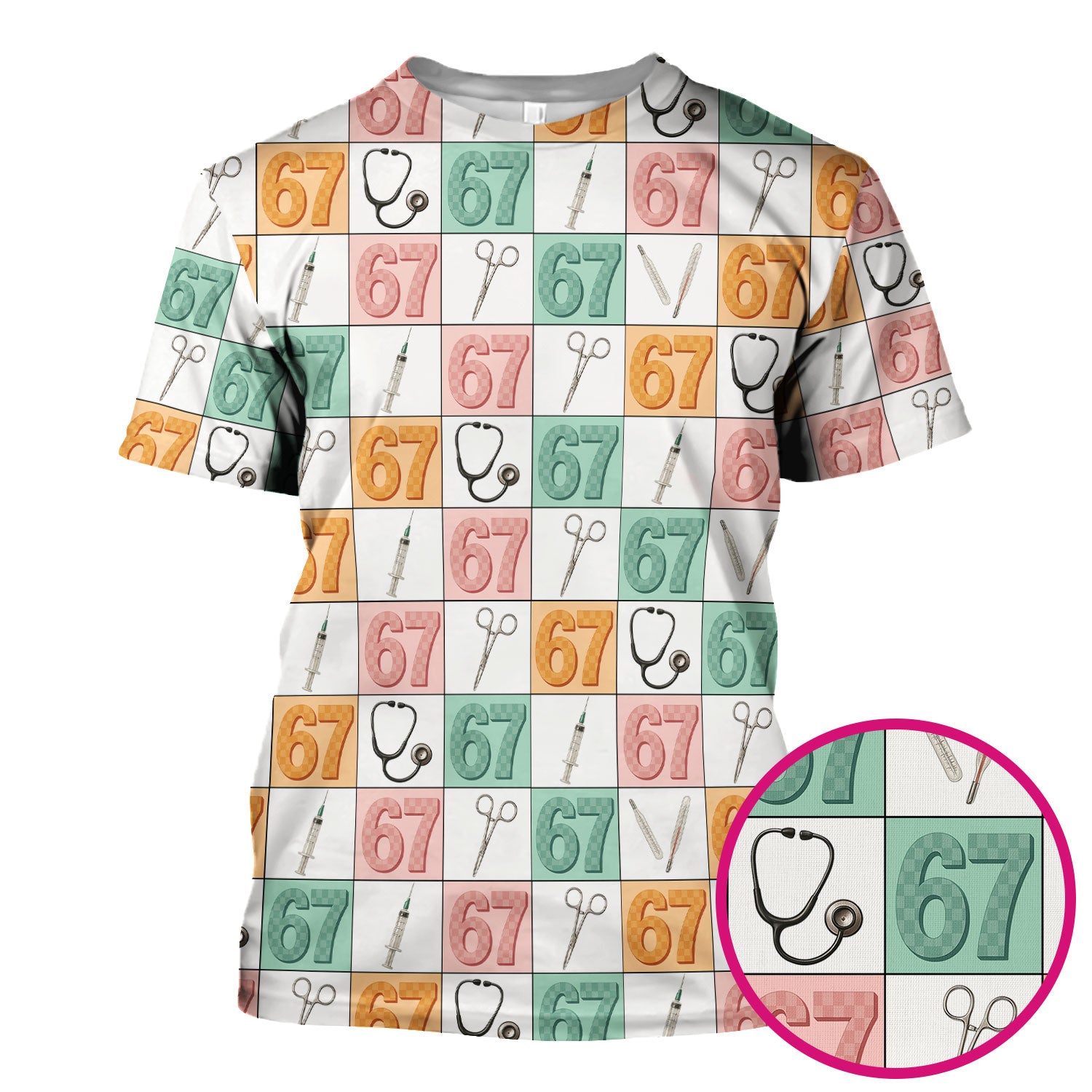 67 Nurse Patchwork Scrub Top, Colorful Medical Tools Pattern Uniform Shirt For Nursing