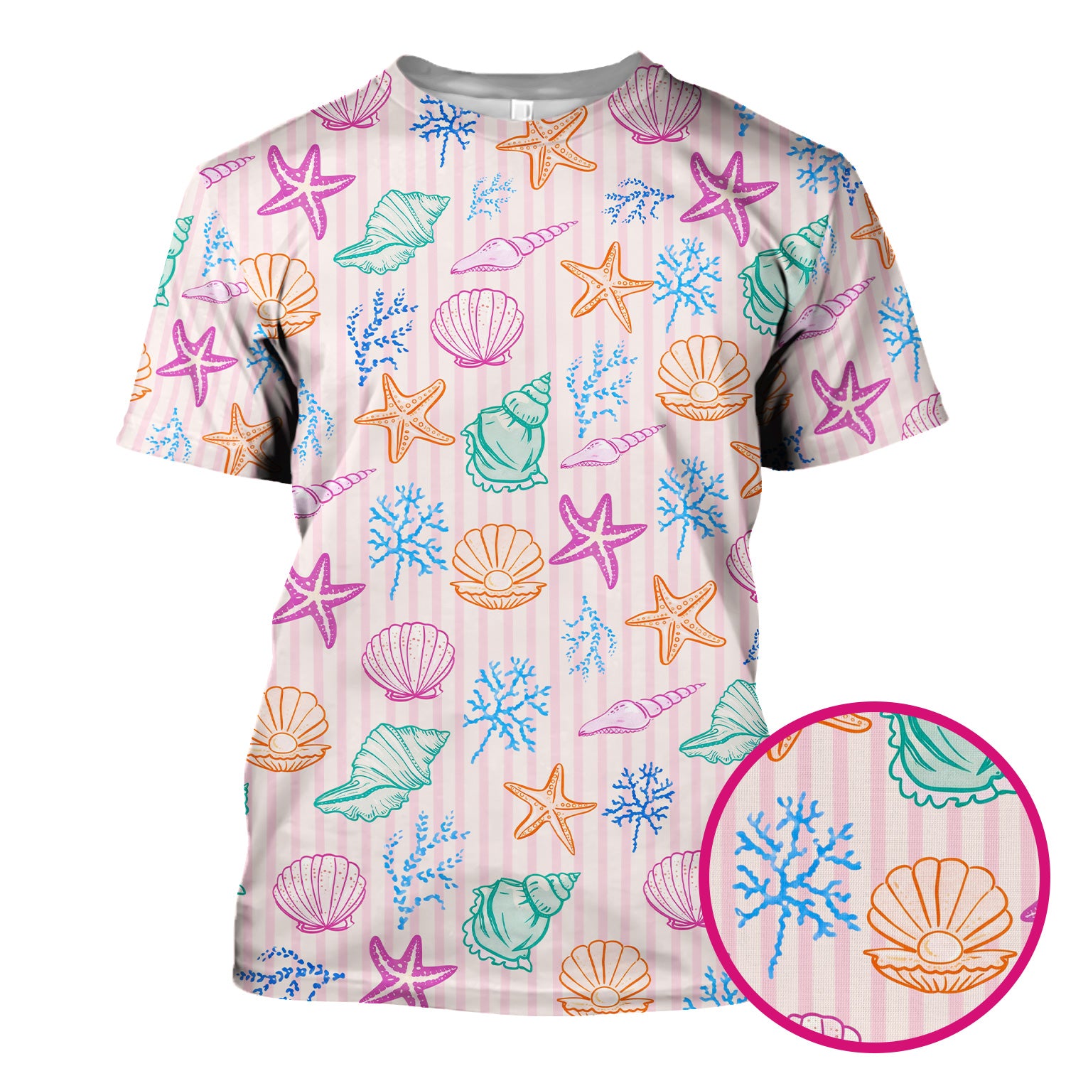 Colorful Seashell Starfish Ocean Stripe Pattern Scrub Top, Breathable Fabrics Nursing Uniform