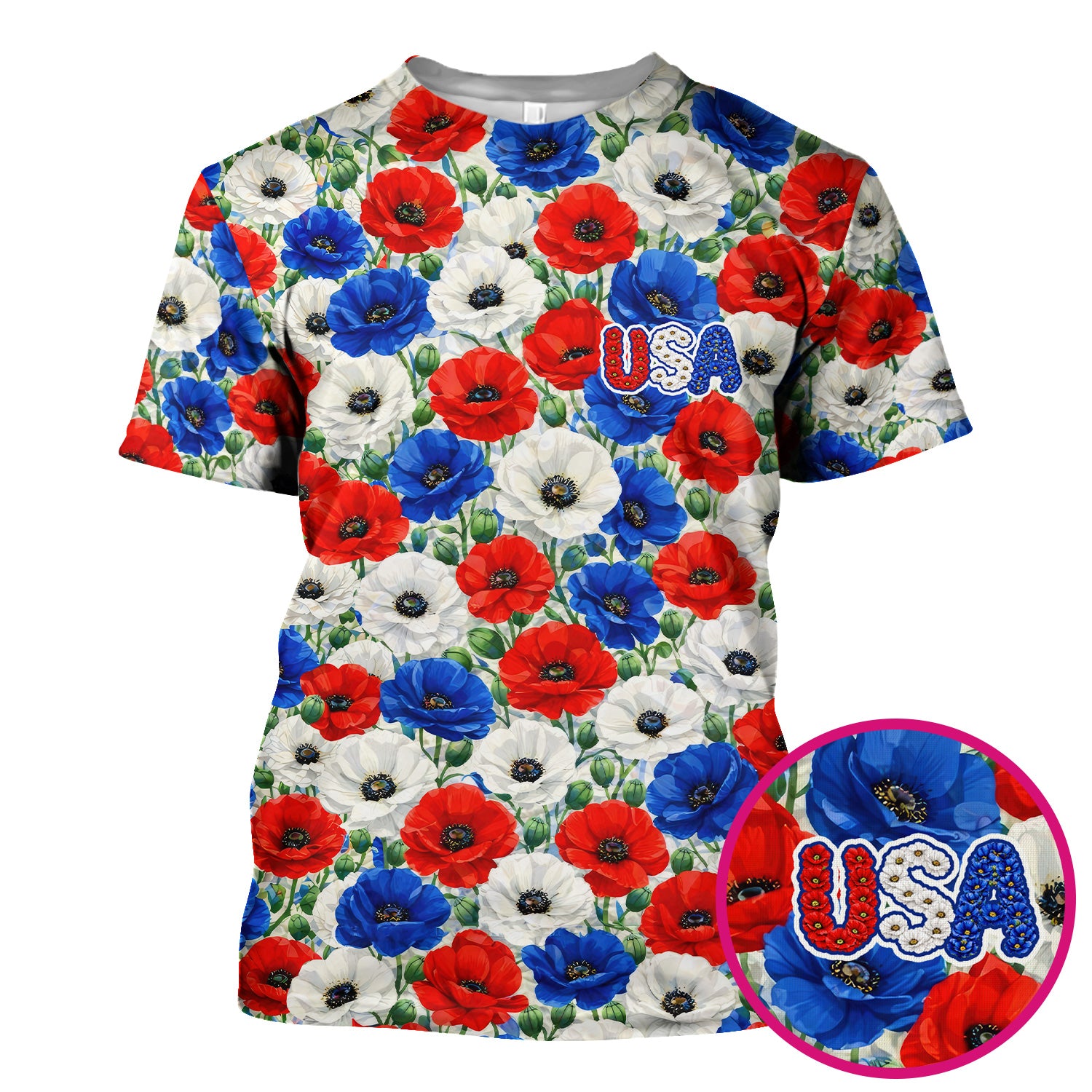 Festive Patriotic Red Blue Poppy Floral Pattern Scrub Top, Comfortable Scrubs for Nurses