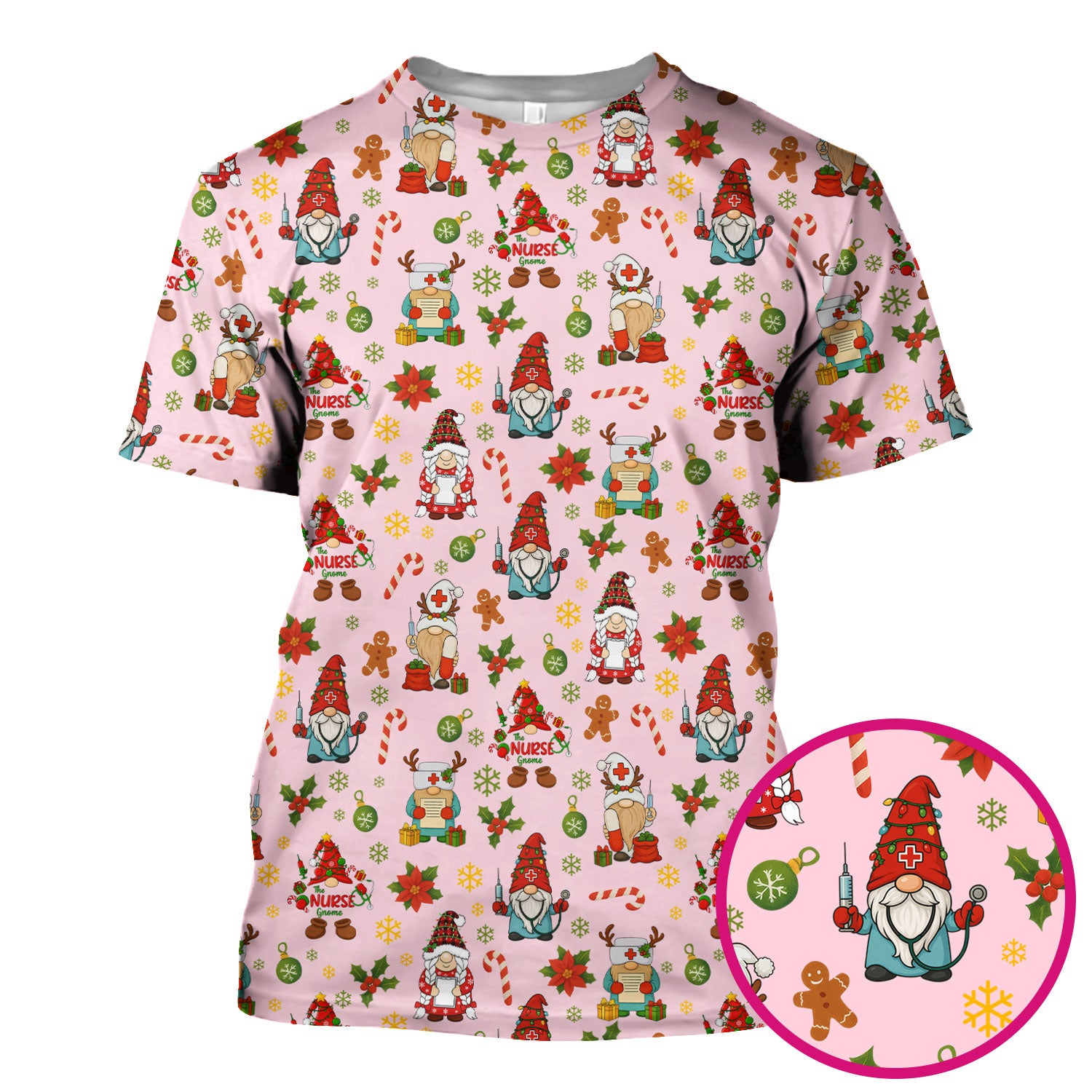 Funny Christmas Scrub Shirt - Gnome Santa Print Scrubs for Nurses - Holiday Medical Scrub Top Gift for Women, Men, CNA, RN, Doctor, Medical Staff