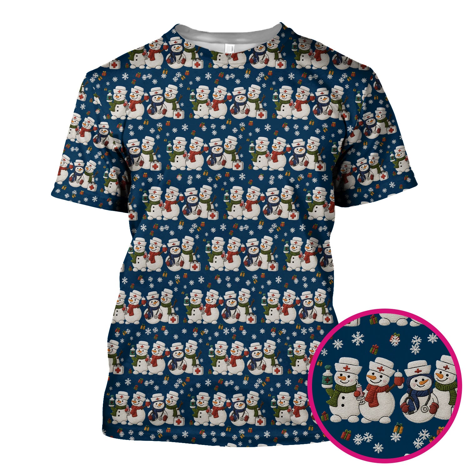 Cute Christmas Snowman Nurse Pattern Scrub Top, Breathable Fabrics Nursing Uniform