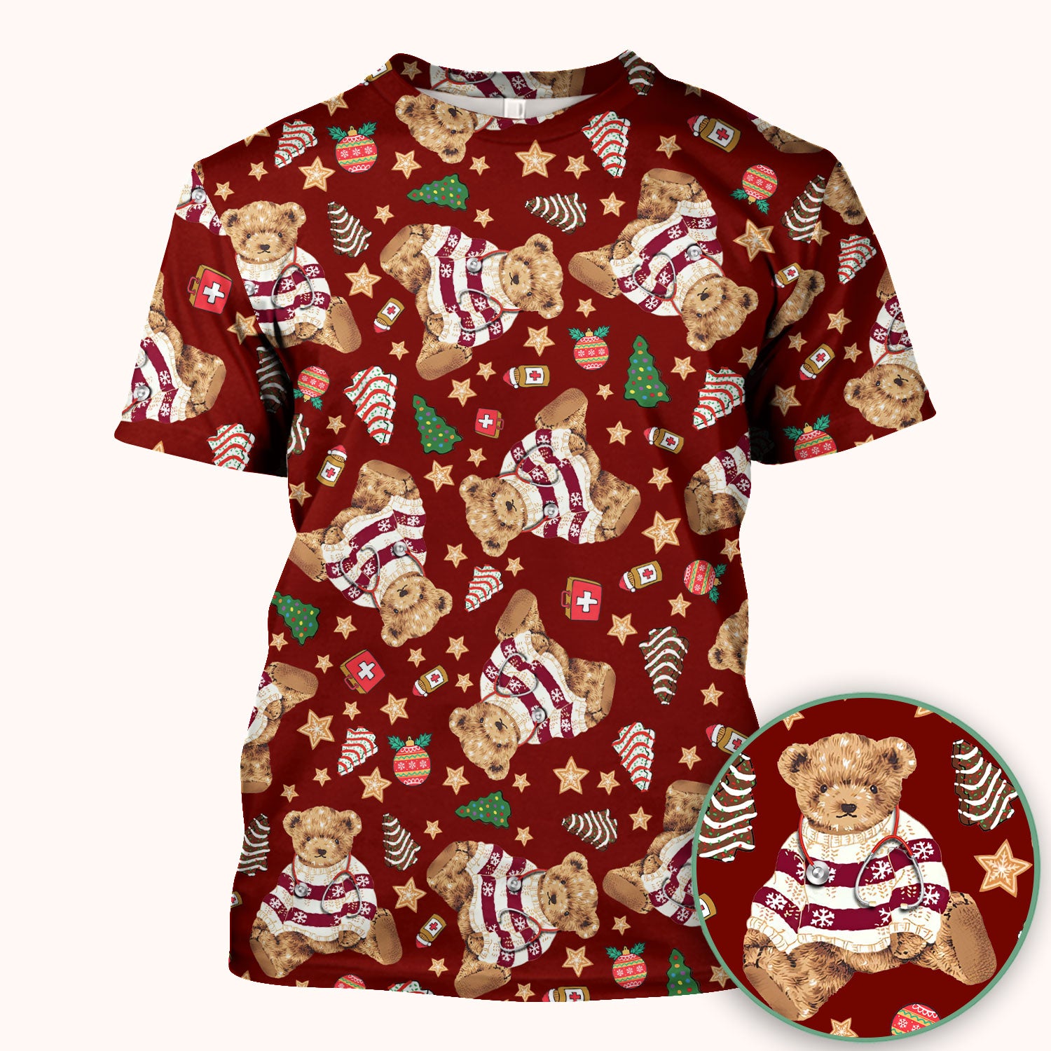 Teddy Bear Christmas Scrub Top - Cute Holiday Medical Pattern with Warm Sweater Bear - Gift for Nurses RN CNA LPN