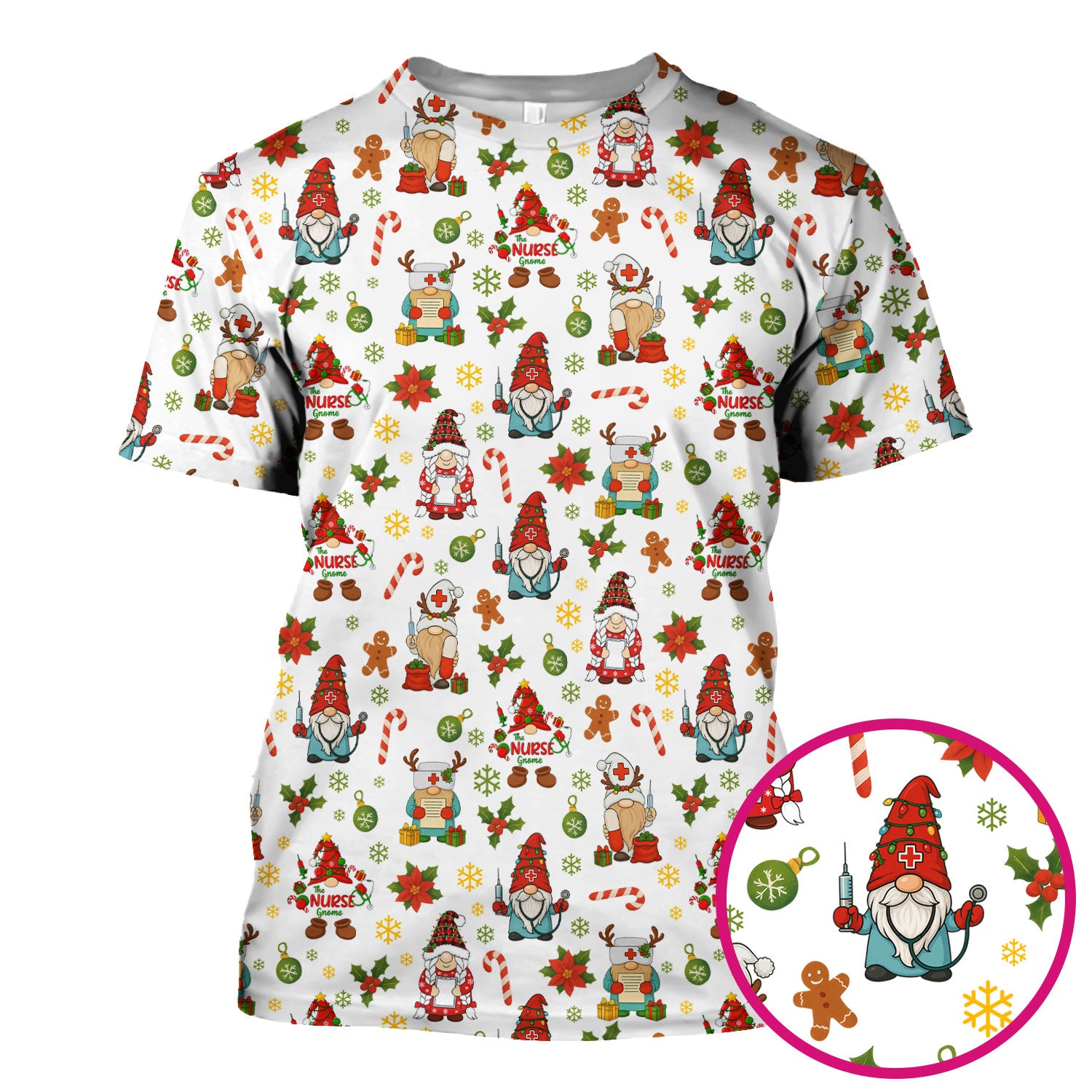 Christmas Gnome Nurse Scrub Top - Cute Holiday Santa Reindeer Print Scrubs - Funny Xmas Medical Scrub Shirt Gift for Women, CNA, RN, Doctor
