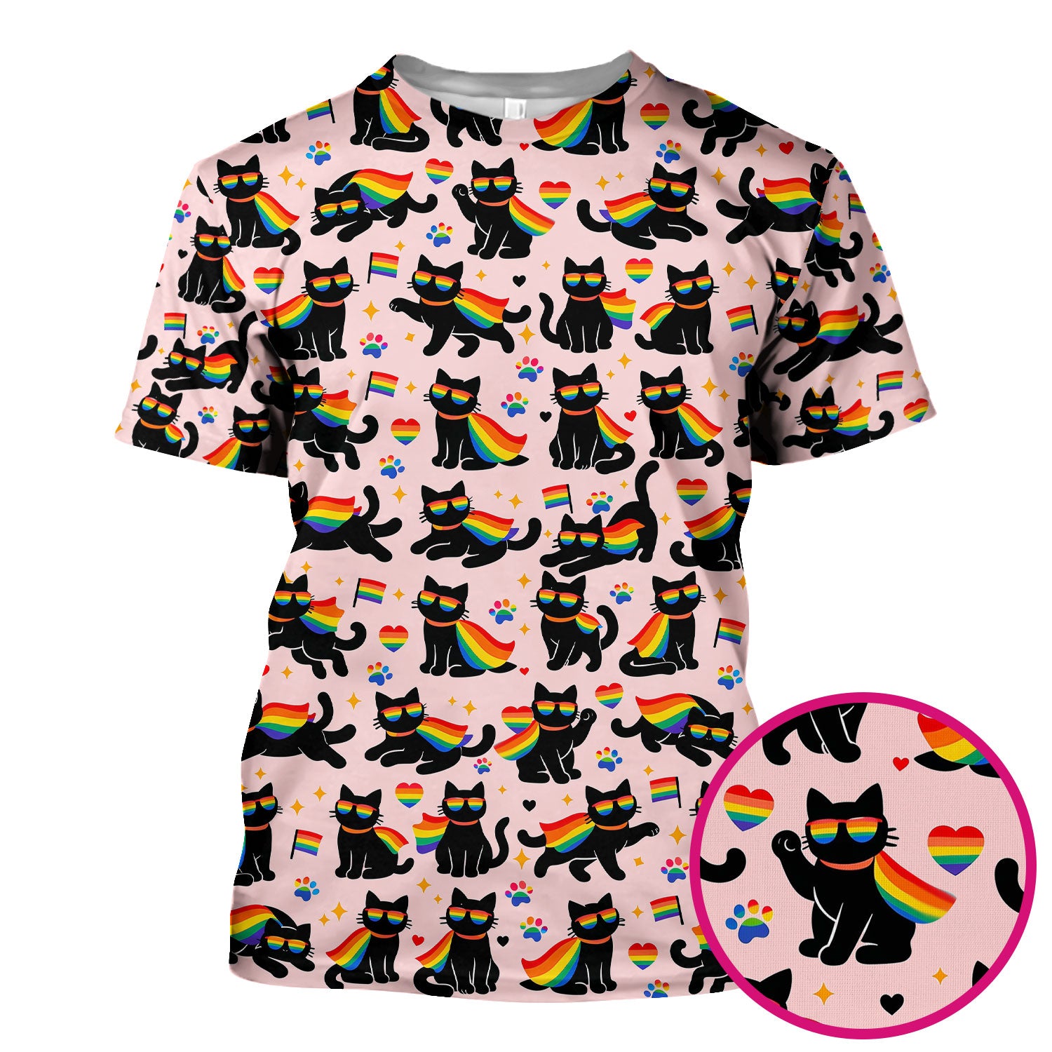 Rainbow Black Cat Pride Pattern Scrub Top, Breathable Fabrics Nursing Uniform