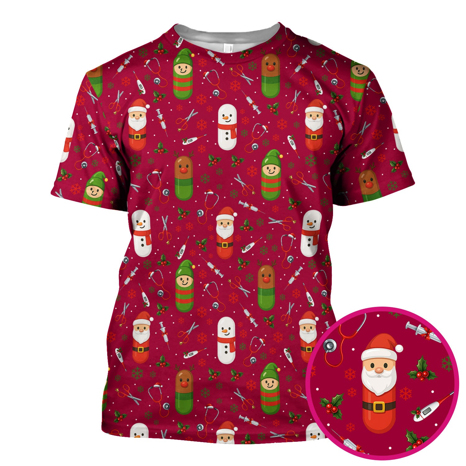 Santa Christmas Scrubs Set - Fun Holiday Pattern with Reindeer and Snowman - Cute Medical Scrub Top and Pants for Nurses