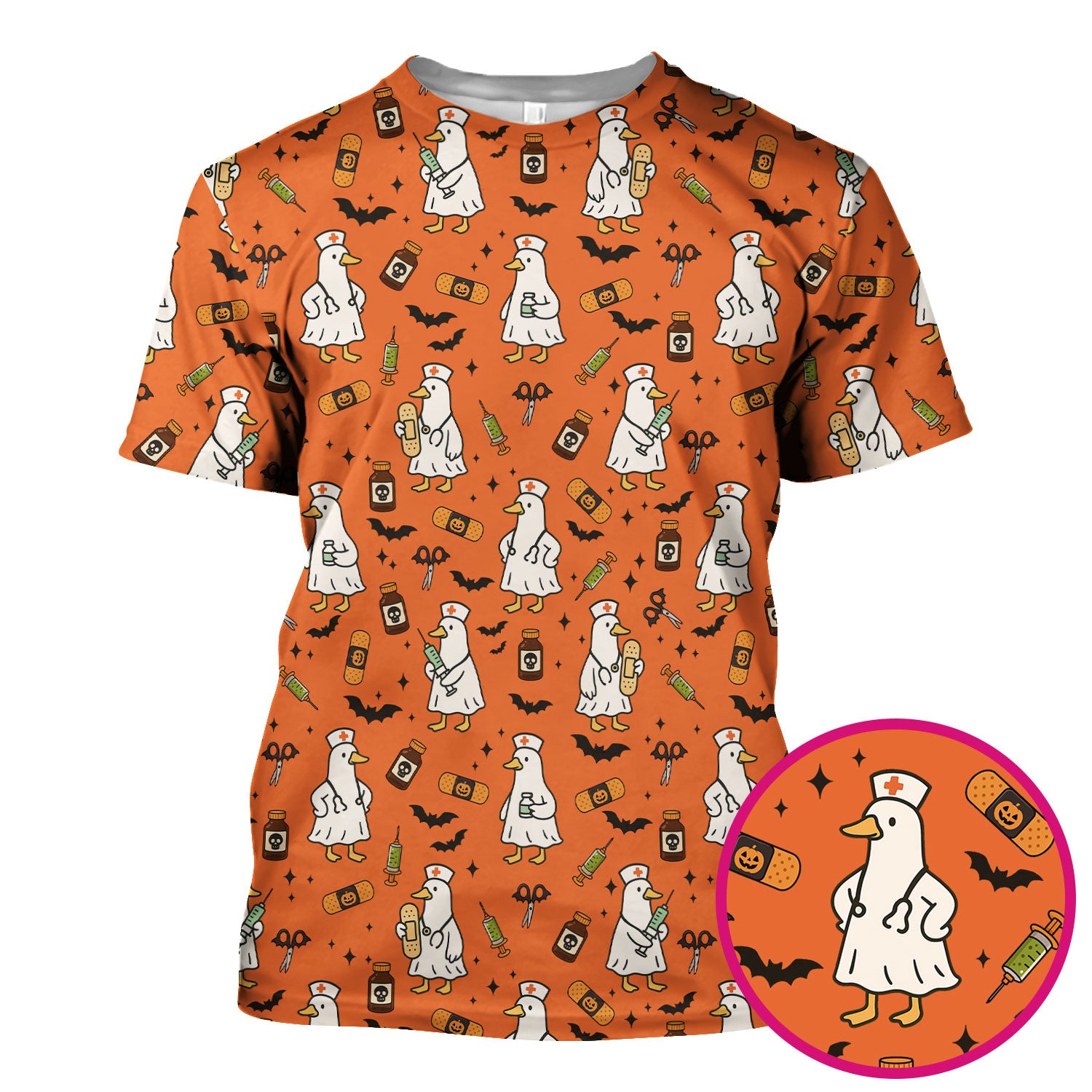 Funny Goose Nurse Scrub Top - Cute Halloween Duck Pattern Shirt with Bats & Bandages - Spooky Nursing Gift for Women RN LPN CNA
