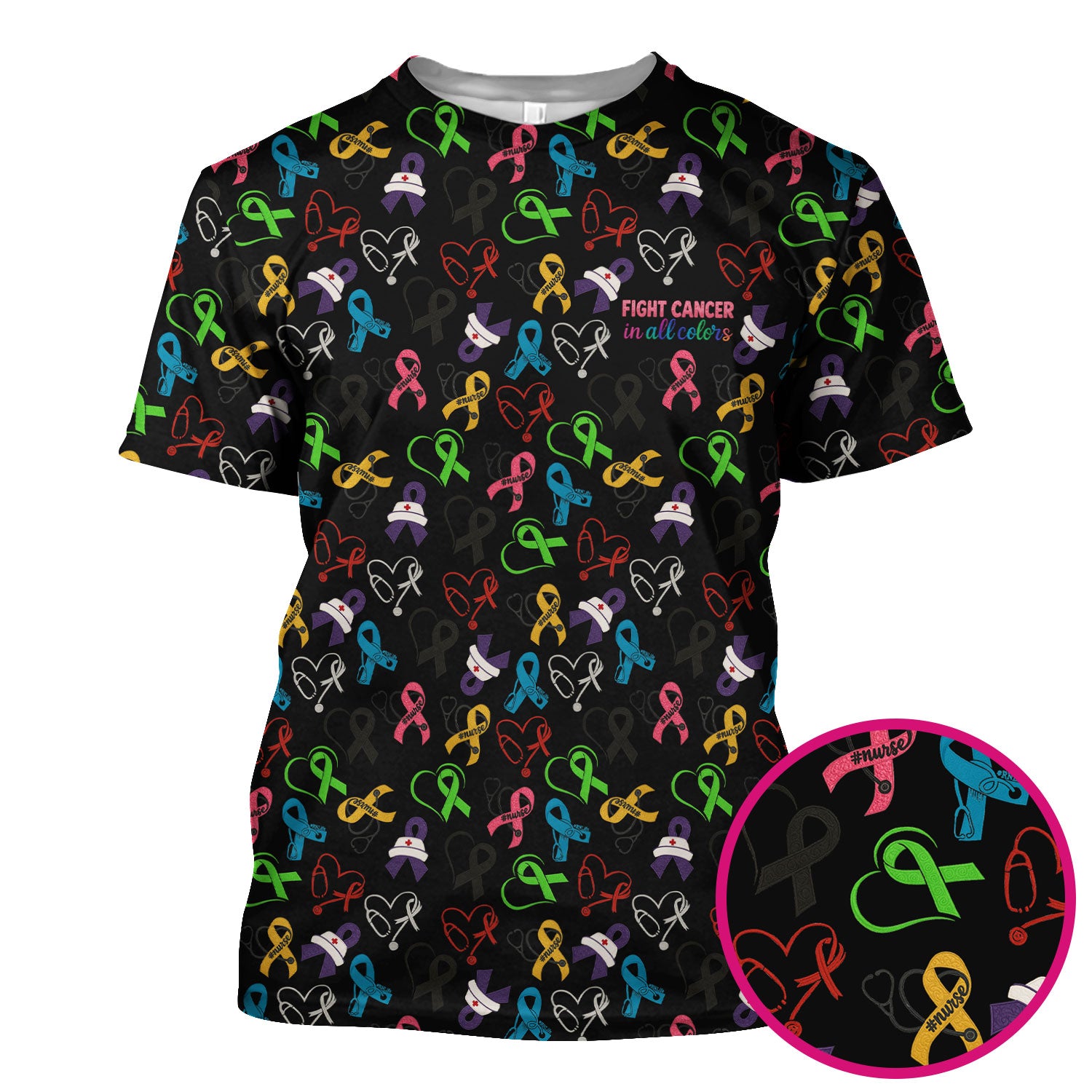Cancer Awareness Scrub Top - Fight Cancer In All Colors Nurse Shirt - Colorful Ribbon Medical Scrubs Gift with Pockets for Women CNA RN Doctor
