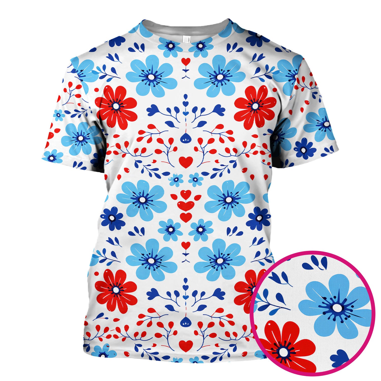 Symmetrical Folk Floral Heart Pattern Scrub Top, Breathable Fabrics Nursing Uniform